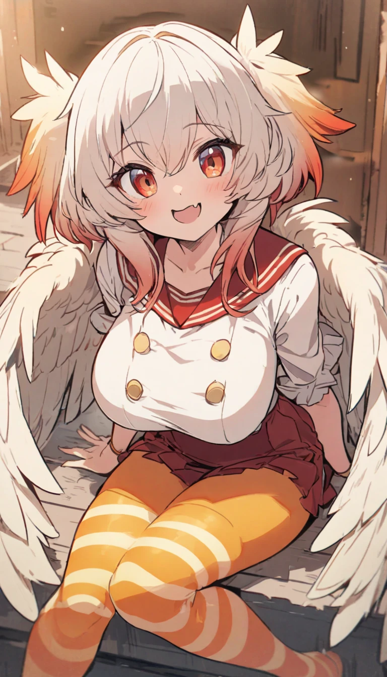 1girl,harpy girl,gradation hair (red to white),drill pigtail hair,feather ears, harpy mini wings, harpy fang, big female-melons, smiling, white with red sailor uniform, orange ((striped tights)), 
masterpiece,best quality,ultra detailed, very aesthetic, hyper cute line style illustration, 