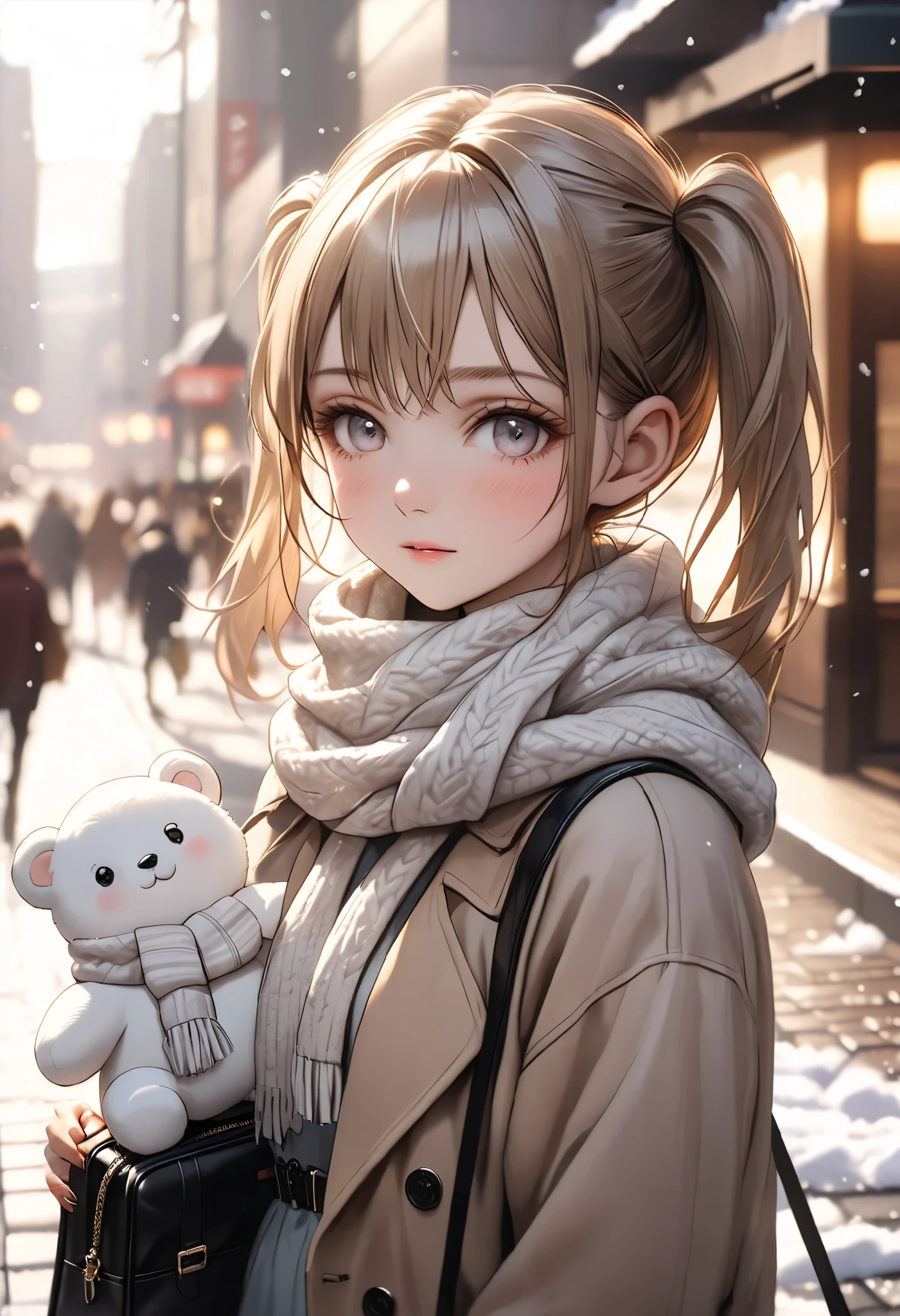 (Japanese teenage girl:1.5), youthful and stylish, wearing a beige trench coat with a belted waist and a white knit turtleneck sweater, (twin ponytails hairstyle:1.3), cute and delicate facial features, holding a black leather shoulder bag with a plush white bear keychain, (fluffy and warm scarf:1.5) wrapped around her neck, soft and natural makeup, cold winter city setting, softly falling snow, pedestrians blurred in the background, urban street environment, muted and neutral color palette, cinematic composition, highly detailed textures, smooth skin, realistic fabric rendering, elegant and modern outfit, glowing natural light,ultra-realistic, photorealistic, cinematic lighting, dramatic scene, shallow depth of field, trk
