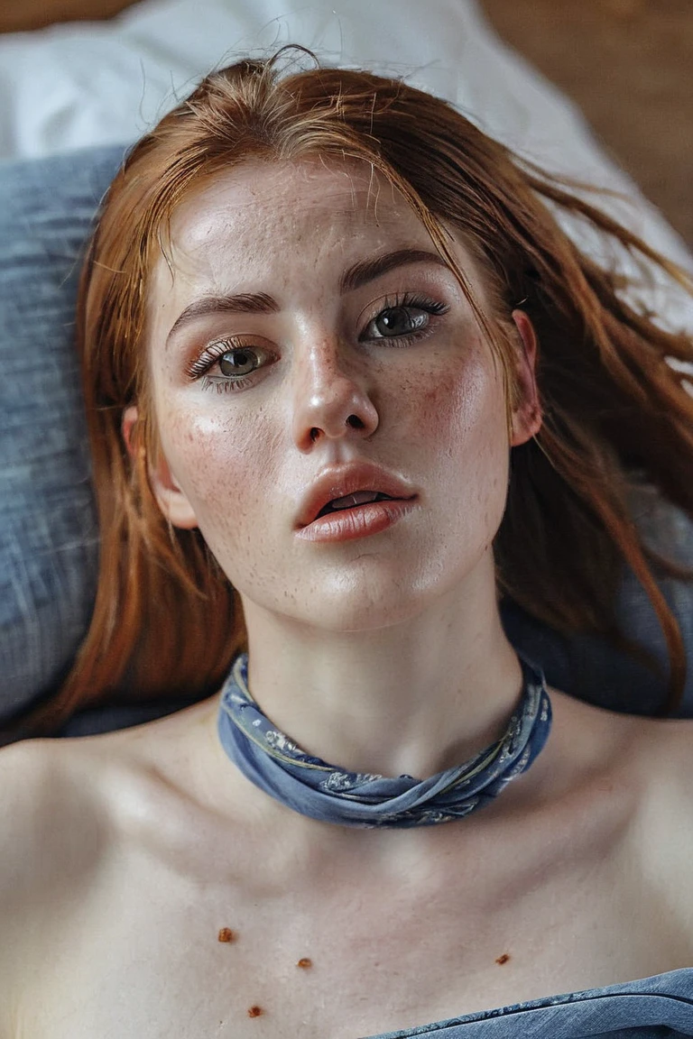   a young busty freckled strangled woman, Who is lying dead on a bed ,  her mouth is open and her eyes are widened and glassy , her breasts are bare,  her tongue swells out between her lips , She wears tight jeans. A bandana is knotted around her neck 