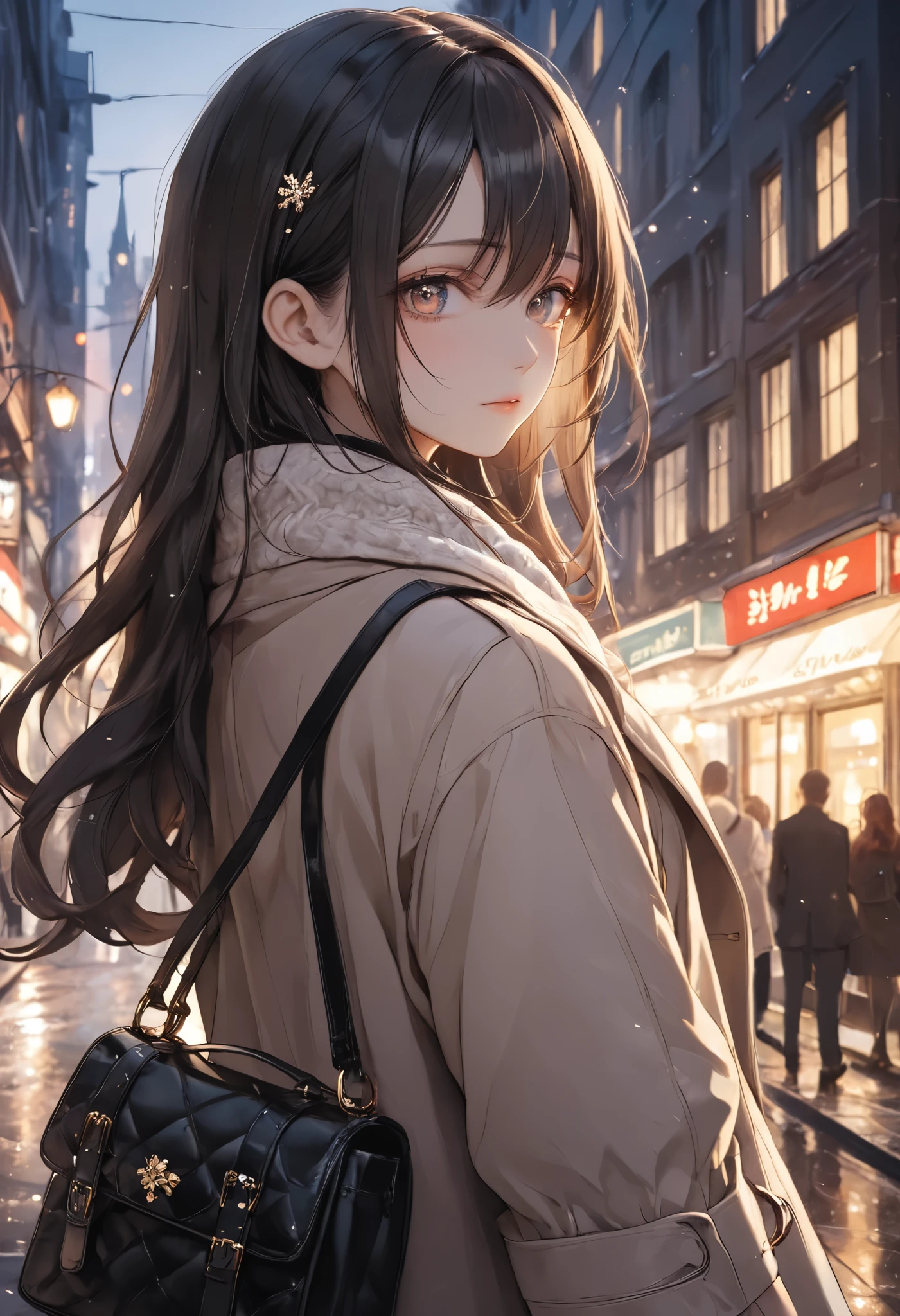 1girl\(She is a Japanese office worker, tall, with a very neat figure. hair\(slightly dark brown color, twin tails, wavy strands\), She looks cold as she walks with her head slightly down, wearing a beige trench coat with faint magical embroidery glowing in silvery light under the dim streetlamps, and a fluffy white scarf that wraps around her mouth, trench coat is unbuttoned. She is wearing a white knit sweater with intricate lace patterns resembling snowflakes and a dress shirt underneath, She is wearing a skirt\(deep black color, velvet texture, midi length, suit skirt\), She is wearing black leather boots with subtle metallic accents resembling wings at the heels. She is carrying a stylish black tote bag adorned with a small, enchanted bear-shaped charm that glows faintly in the dark. The background is a dimly lit, gothic-inspired city street with towering, ornate buildings casting long shadows. Snowflakes drift down slowly, glittering like tiny shards of crystal in the cold night air. Draw her from the front at the same eye level as her, a faint ethereal mist surrounds her, blending her figure slightly with the dramatic and otherworldly scene. A masterpiece of dark fantasy and realism, ultra-detailed, cinematic lighting, 8k, highres, photorealistic style.