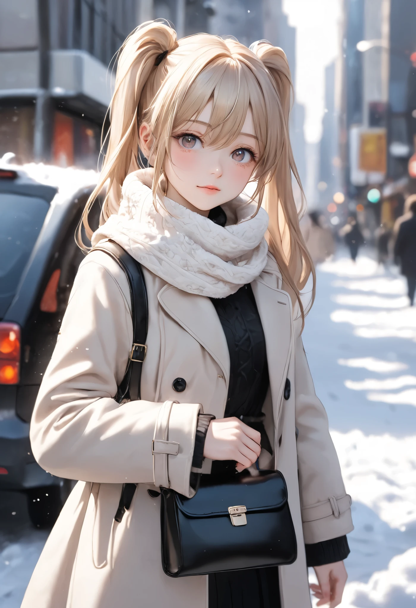 (Japanese teenage girl:1.5), youthful and stylish, wearing a beige trench coat with a belted waist and a white knit turtleneck sweater, (twin ponytails hairstyle:1.3), cute and delicate facial features, holding a black leather shoulder bag with a plush white bear keychain, (fluffy and warm scarf:1.5) wrapped around her neck, soft and natural makeup, cold winter city setting, softly falling snow, pedestrians blurred in the background, urban street environment, muted and neutral color palette, cinematic composition, highly detailed textures, smooth skin, realistic fabric rendering, elegant and modern outfit, glowing natural light,ultra-realistic, photorealistic, cinematic lighting, dramatic scene, shallow depth of field, trk
