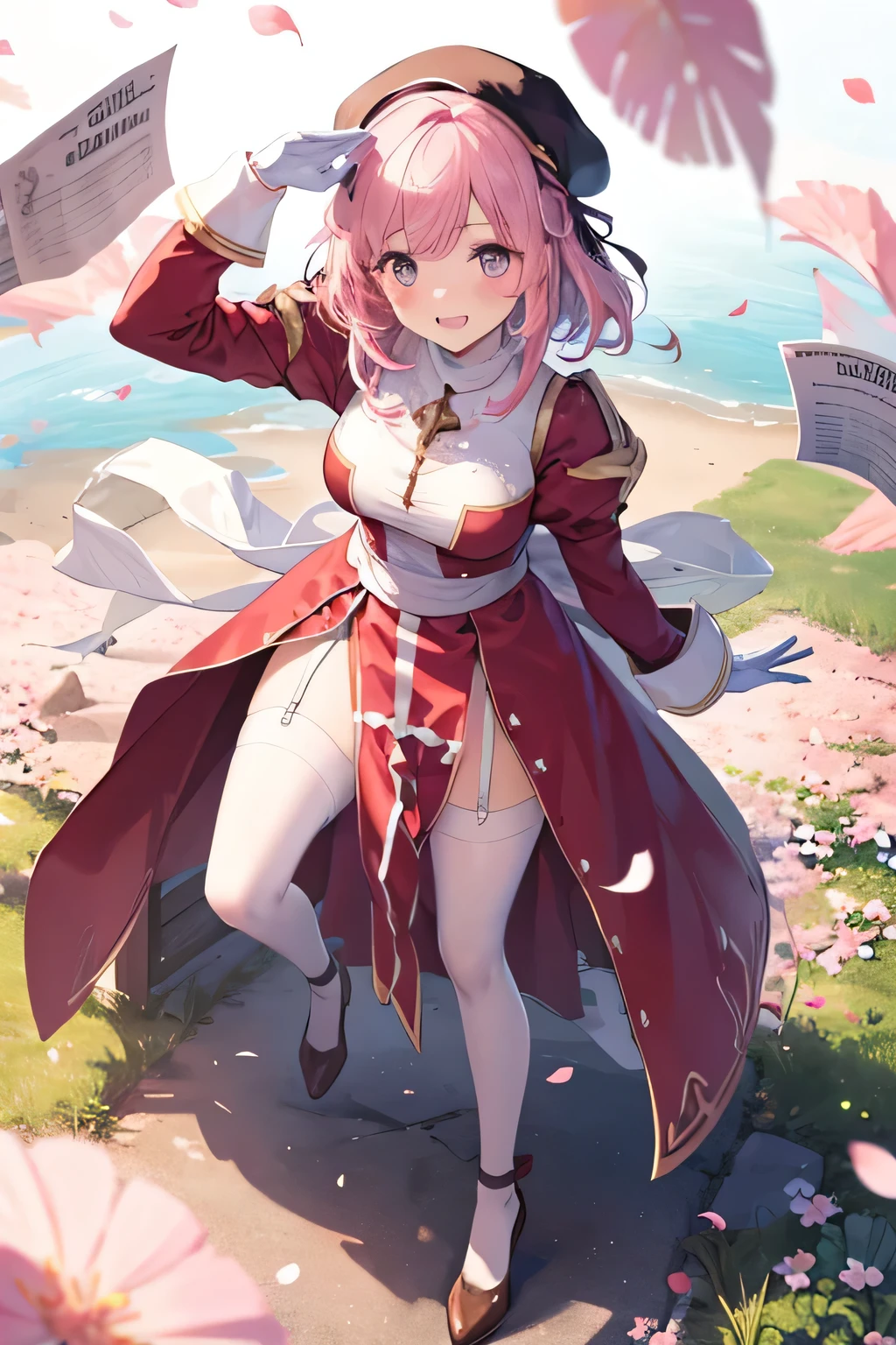 Serious girl ( showing teeth), pink hair color, mmorpg background , mmorpg background (destroyed), complete anatomy, graphic effects , ornament of an accessory shaped like a flower on the head, aura, white beret, white gloves , height 159 cm ( 5 feet 3 inches ), Castea Heal Skill((kanji)( ragnarok online ), fire around, strong breeze , sakura petals and leaves, primera persona, blush, looking at the spectator , Charm, Pausa de toque ciego looking at the spectator , very detailed face , 8K, light and shadow effect.
1 girl, arc backwards, pink hair, breasts, brown shoes, cruz, dress, upturned bangs , full body , long sleeves, dress rojo, Wad of bills, Shoes, smile, Alone, tachi-e, high thighs, dress bicolor, white lasso, dress blanco, Wad of bills blanca, White thigh-length stockings