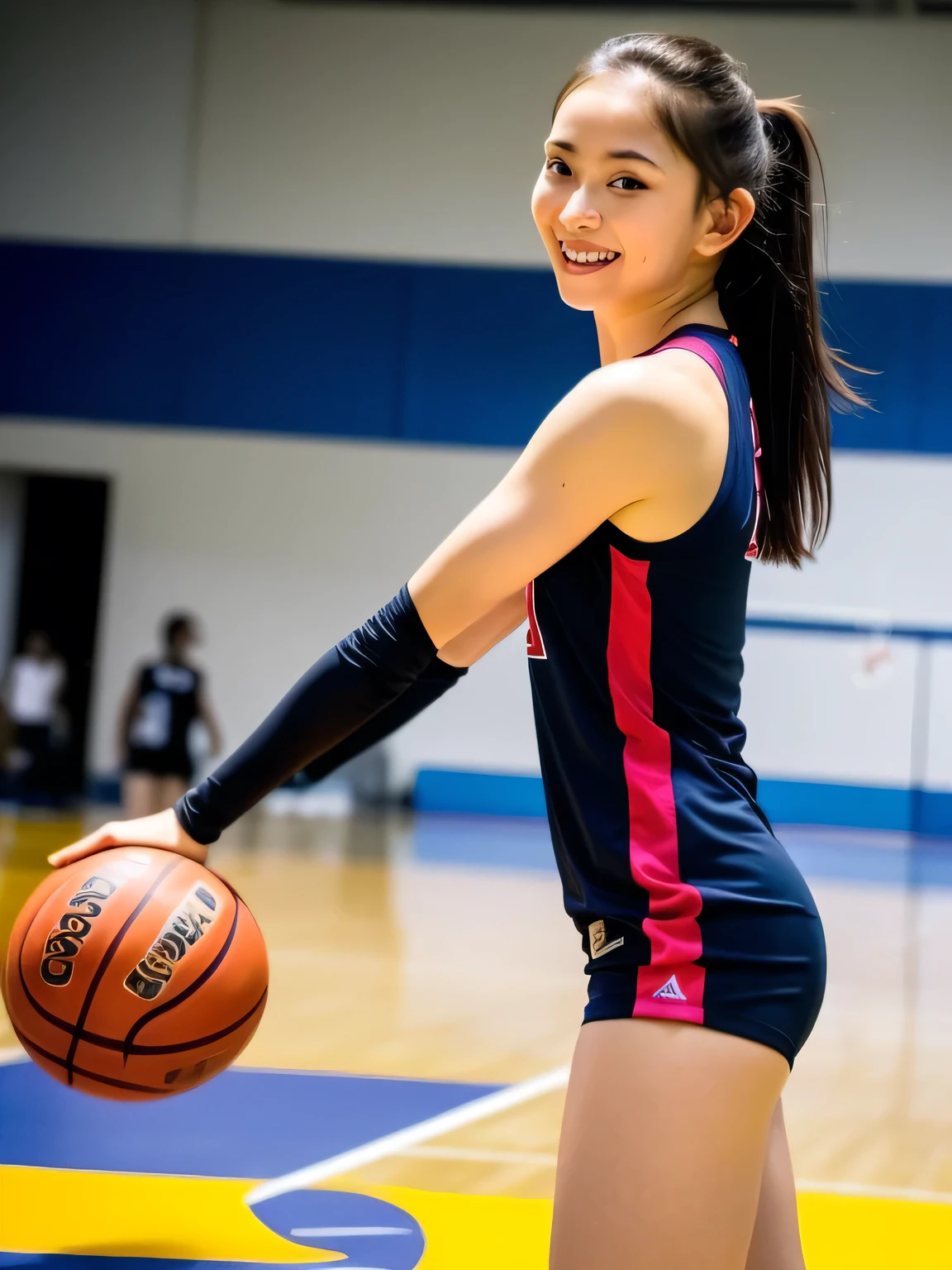 A young female basketball player executing a dynamic jump shot with precision and grace. The basketball is held firmly in both hands as she aims for the hoop, her form exuding confidence and mastery. Her slim-fit basketball uniform highlights her athletic build, while black high socks and matching sneakers provide a sleek and modern look. Her neatly braided black hair arcs through the air as she leaps, with her intense black eyes fixed firmly on the goal. The polished wooden floor of the brightly lit gymnasium reflects the action, emphasizing the energy, elegance, and competitive spirit of the moment. smiles gently, FRIENDLY. ( RAW photos , top quality ), ( realistic , photo- realistic :1.4), masterpiece, extremely delicate and beautiful, extremely detailed, 2k wallpaper, amazing on the beach, Detailed description, extremely detailed CG unity 8k wallpaper, ULTRA DETAIL, high res, Soft light, beautiful detailed girl looking back, extremely detailed eyes and face, beautiful detailed nose, beautiful detailed eyes, cinematic lighting, Perfect Anatomy, slender body.