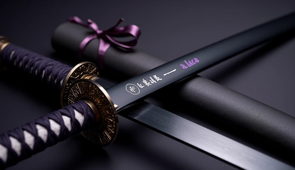 Realistic, theme is "a Japanese sword made of obsidian and a beautiful sheath", black-purple handle, intricately decorated disc-shaped tsuba, obsidian blade is 90cm long, black blade has the text "Acala" written in purple kanji, sophisticated design, advanced lighting technology, live-action photo 8K quality