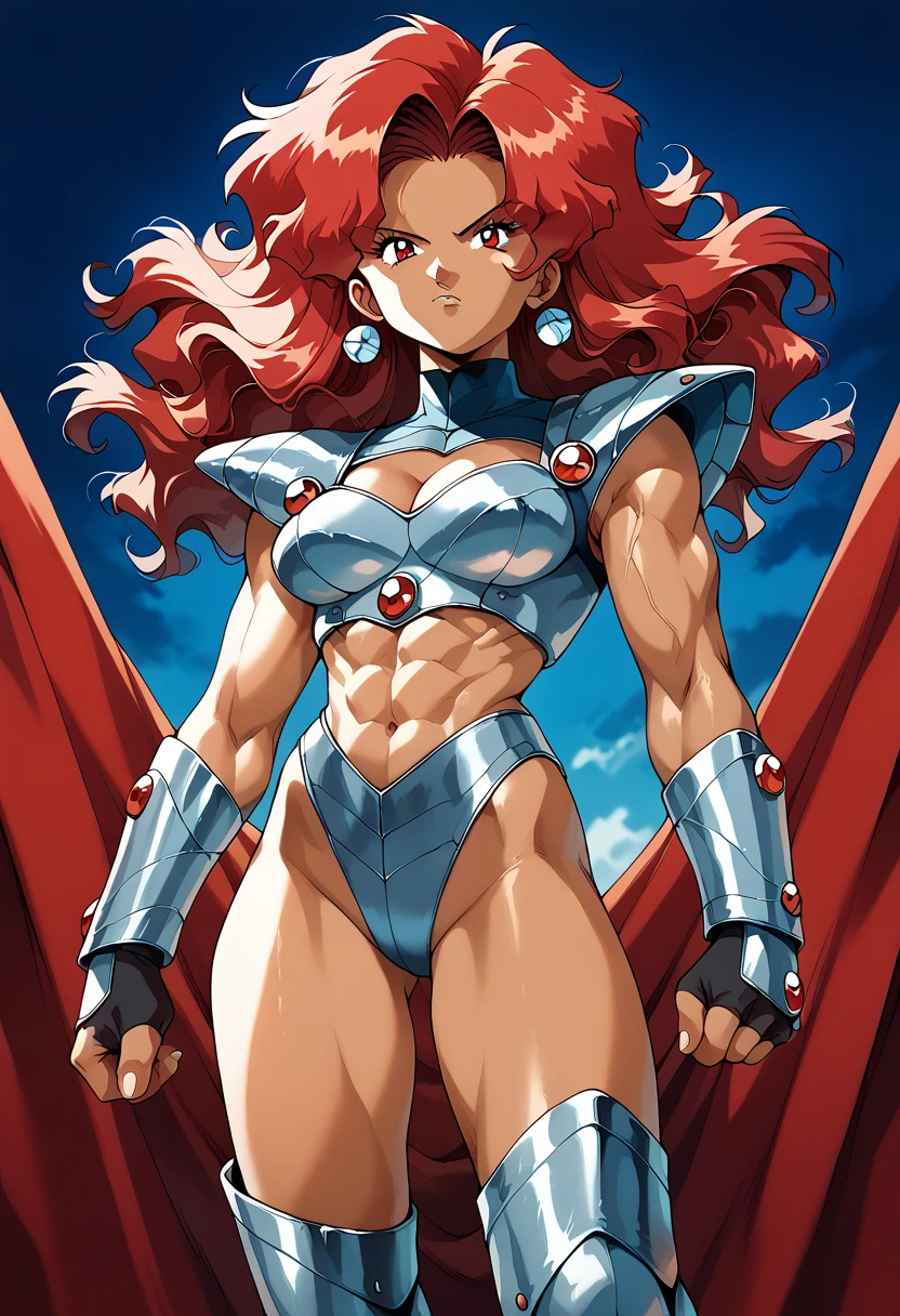 masterpiece, high res, top quality ,8k (((retro artstyle,retro anime ,Classic style)))
( brown skinned woman,Large, muscular, 6 pack abs ,Leg and arm muscles)
( red eyes,Glare,Long Red Hair,wavy hair,parted bang)
armor