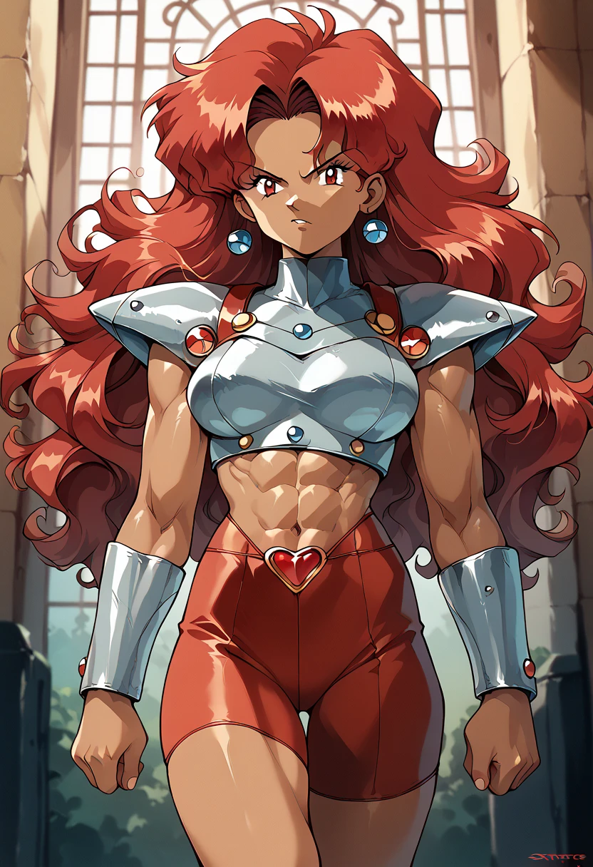 masterpiece, high res, top quality ,8k (((retro artstyle,retro anime ,Classic style)))
( brown skinned woman,Large, muscular, 6 pack abs ,Leg and arm muscles)
( red eyes,Glare,Long Red Hair,wavy hair,parted bang)
armor