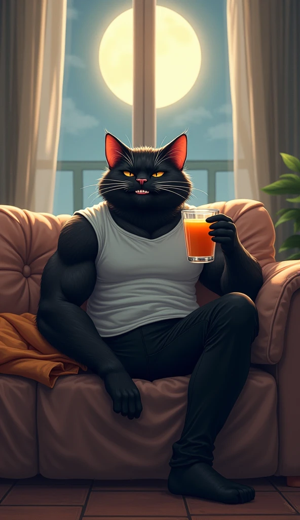 Huge Anthropomorphic Man-Black cat drinking hot coffee, coffee, dawn, Dawn lighting