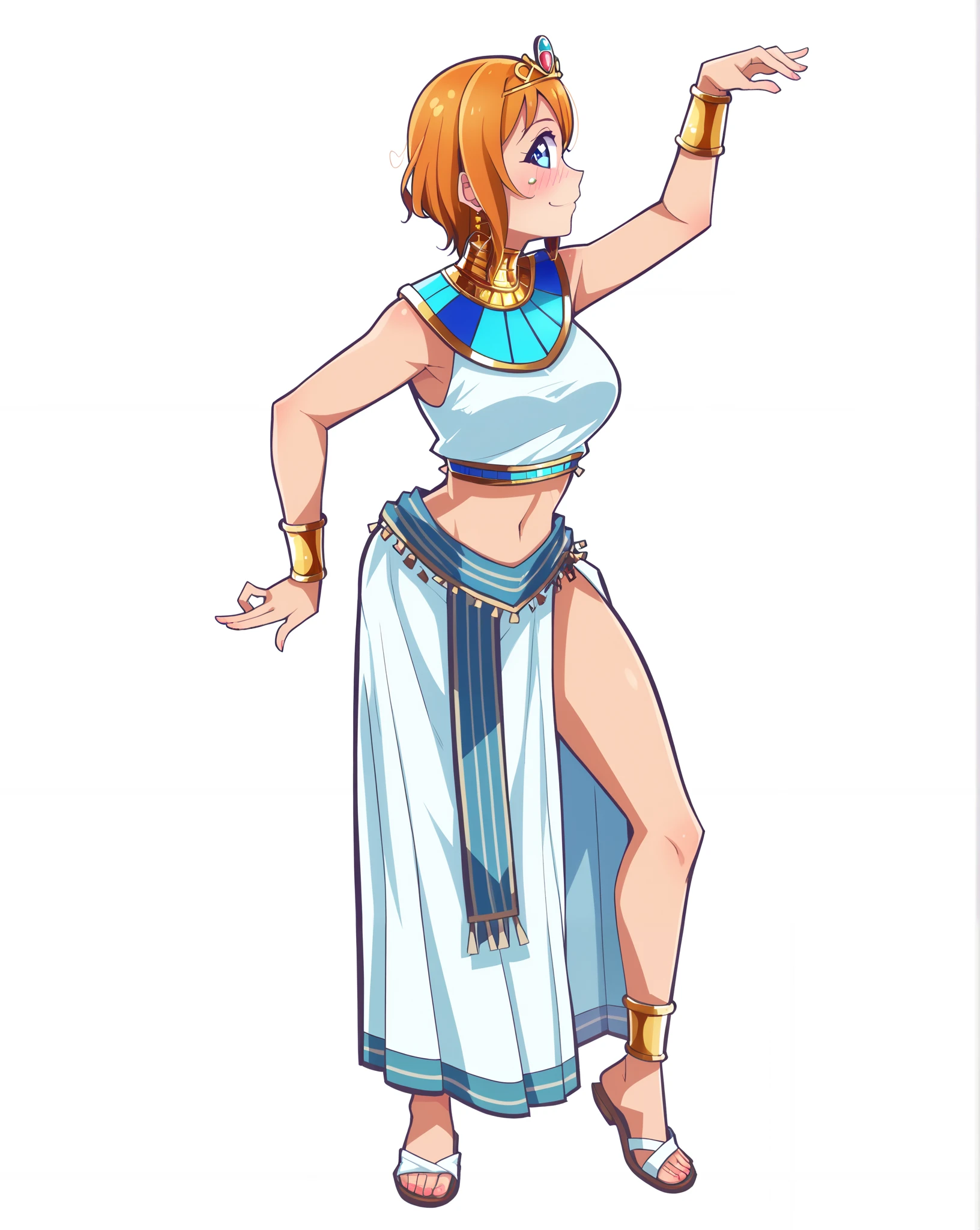 (Masterpiece, Best Quality, High Quality), anime style, love live,kousaka honoka , kousaka honoka,id_honoka_kosaka,love live, blue eyes, orange hair, 8k wallpaper, looking at viewer, earrings, outdoors, erotic figure, (blushing:1.2) , Egypt, white dress, midriff,neck ring,tiara, smile, dbp, Egypt pose,side face,one eye visible