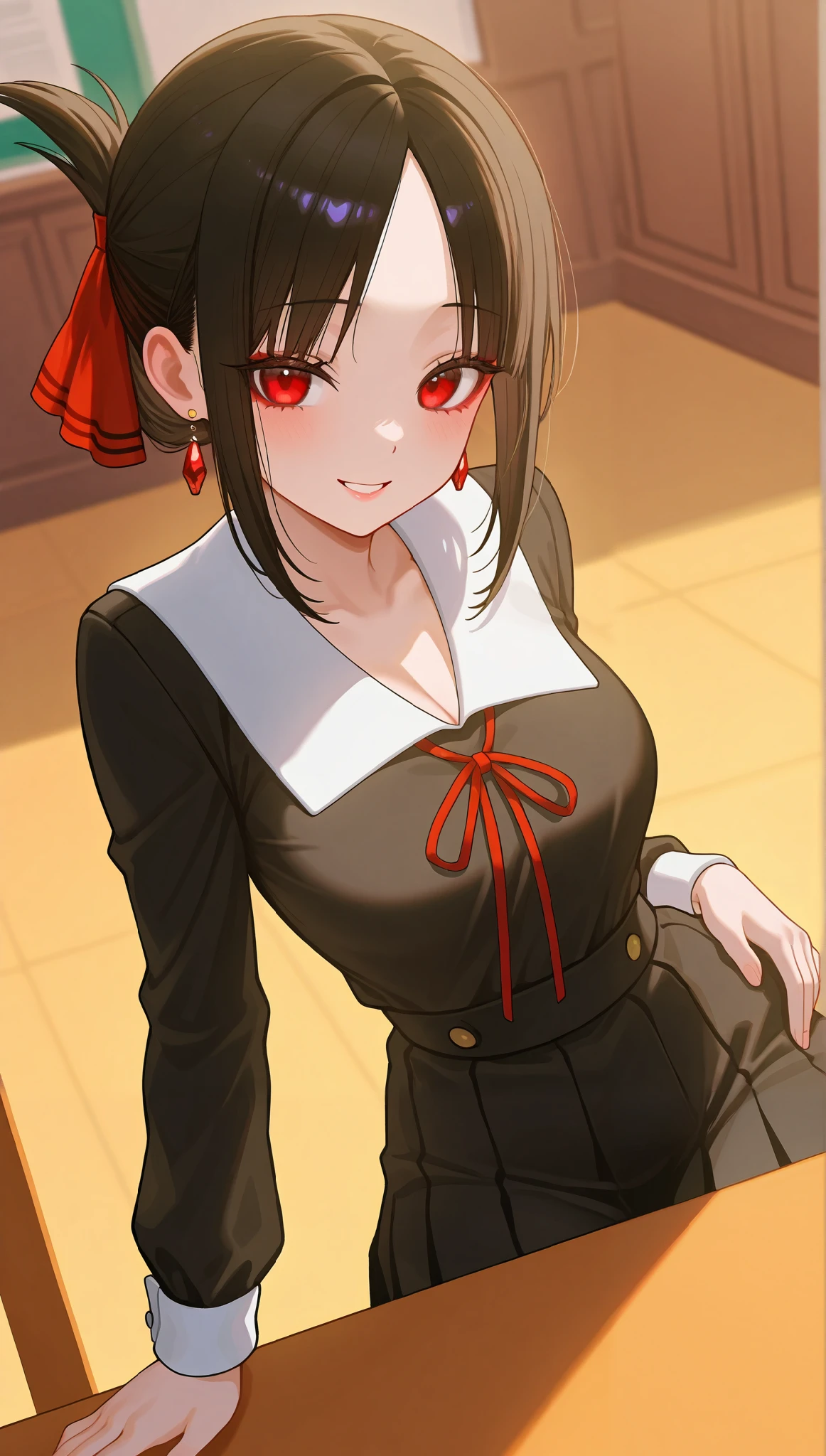 (masterpiece), (portrait), medium breasts (aesthetics), ((1 female 21 years old)), Highlight earrings), ((short hair)), ((Hot crystal black hair, tied hair)), ((Kaguya Shinomiya)) straight hair, thin eyes open, red eyes, cute, naughty, cute smile, woman, feminine, beautiful, female features, top, high quality, aesthetic clothing, professional angle, (rule of thirds), (feminine), , (beautiful) , (female ) features), solo, (Korean attractive), summer, (ink haze), (afternoon), (vibrant light), seductive posture, ((face looking forward))), Kaguya Shinomiya, black school uniform, long sleeves, sensual ((Energy)), (Bold Makeup), (medium Breasts), Fair Skin, (Clothes with Hip Hop Details), (a hot Kaguya Shinomiya, sculptural body, sexy pose), (Sleep Neckline), Beautiful Hands, Body beautiful, beautiful ears, beautiful eyes, bright eyes, beautiful mouth, beautiful lips, school student council room, elegantly sitting at the table