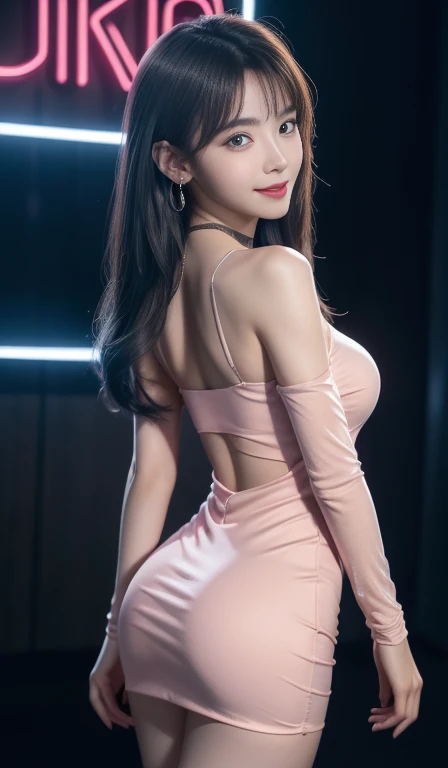 8K, Masterpiece, RAW photo, Best quality, detail:1.2),Photorealistic, Extremely detailed CG unifies 8K, 8K, Diamond, and wallpaper, Depth of field, Cinematic light, Lens flare, Ray tracing, (Extremely beautiful face, Beautiful lips, Beautiful eyes), intricate detail face, ((ultra detailed skin)) 1girll, In the dark, deepshadow, Pretty Korean girl, Kpop idol,(Very slim and slender muscular body:1.3), ((view the viewer)),(Big smile), (bodycon minidress),(Pink dress), (Injection sleeve) , (City Night, (neon lights sign), (Night), Pretty Korean girl, Earrings, bangle, necklace, Pantyhose, Clear eyes, Walking , (Pale skin), Face forward, (Big eyes), ((upperbody shots)), bodycon minidress, Silk mini dress , Turn Back, Back shot, Very slim, slander