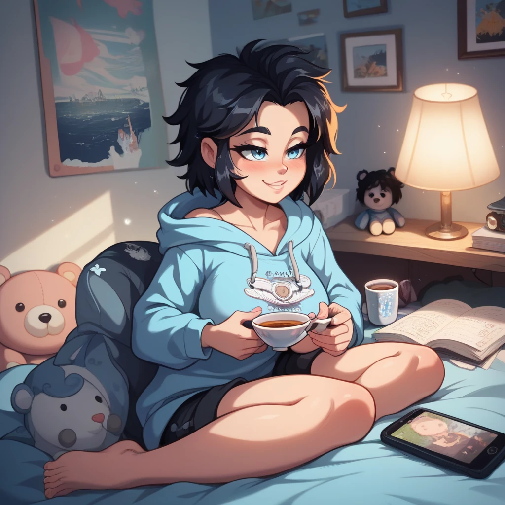 A teenage girl, approximately 18 years old, sitting cross-legged on a neatly made bed with a soft pastel-colored duvet. She is deeply engrossed in her smartphone, holding it with both hands, her expression calm yet intensely focused on the screen. Her shoulder-length, jet-black hair is slightly messy, with a few strands falling over her forehead. She wears a loose, oversized hoodie in a light blue shade and simple black shorts. The room around her is softly lit by a warm desk lamp, creating a cozy ambiance. Small personal touches like a stack of manga, a plushie, and a cup of tea on a nearby nightstand add to the setting. The art style is distinctly anime, with detailed linework, expressive eyes, and a slight blush on her cheeks indicating her immersion in whatever she’s reading or watching on her phone, Very Sexy, Large breasts, clothes with very visible necklines, very short clothes.