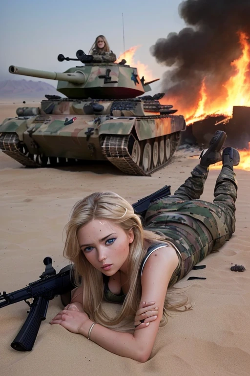 A wild and crazy busty Malaysian girl (age 25), hijab, no hair showing, wearing skull and crossbone bikini, is shooting a rocket launcher at a police tank.