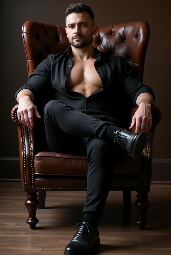 Man lying shirtless wearing leather pants