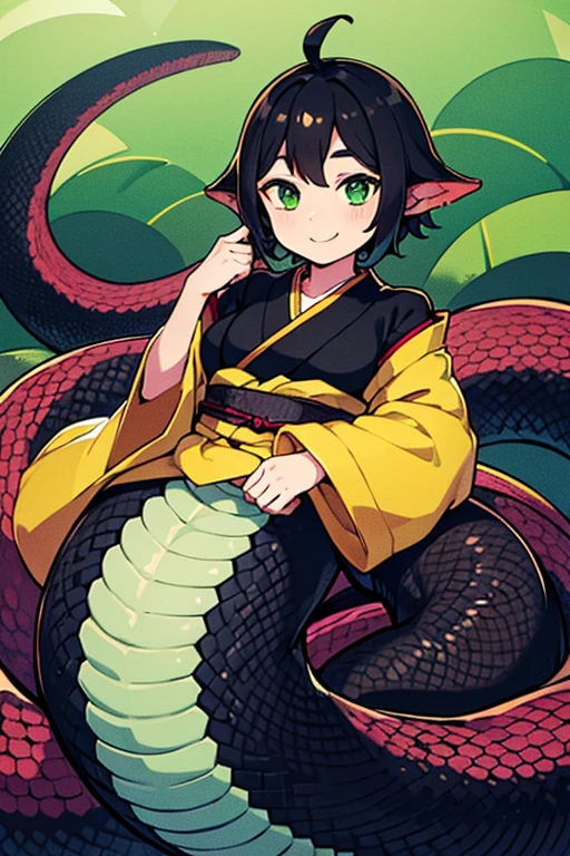 redraw, 1girl, short sized, short brown hair, blue eyes, green kimono, green dragon tail, white horns, small breasts, smile, from behind, ass, ultra-detailed, masterpiece,