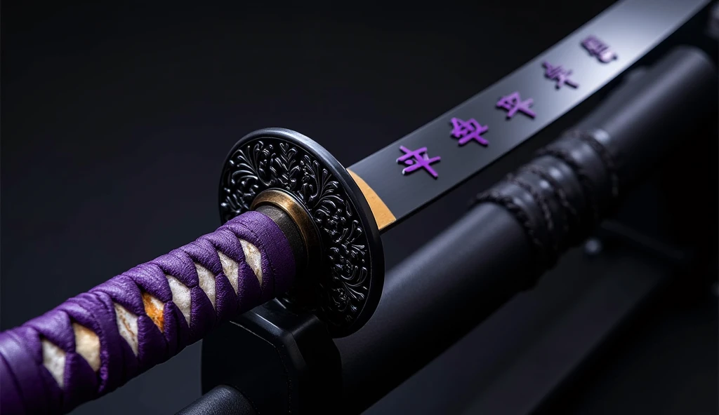 Realistic, theme is "a Japanese sword made of obsidian and a sheath with intricate workmanship", black-purple handle, intricately decorated disc-shaped tsuba, obsidian blade is 90cm long, black blade has blade pattern and six purple kanji characters, sophisticated design, advanced lighting technology, live-action photo 8K quality