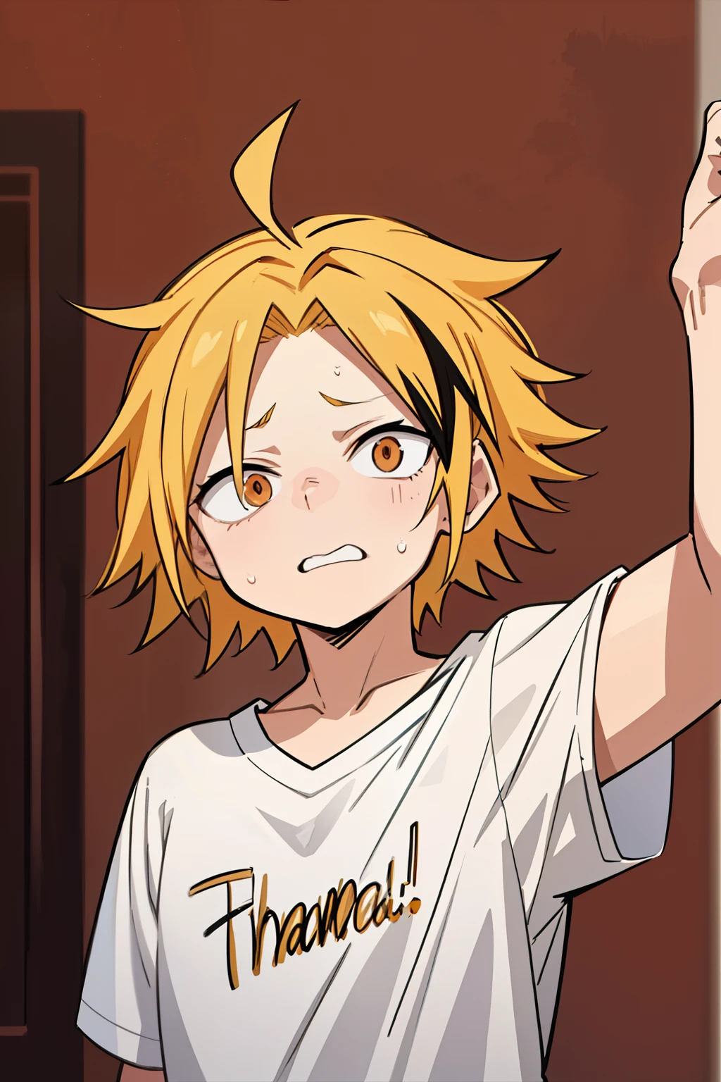  masterpiece,  best quality,  HIGH QUALITY, 1 , Alone,  male approach,  looking at the spectator ,  upper body , Kaminari_thank you, blonde hair,  multicolored _hair,   toddler, Age , nervous and scared