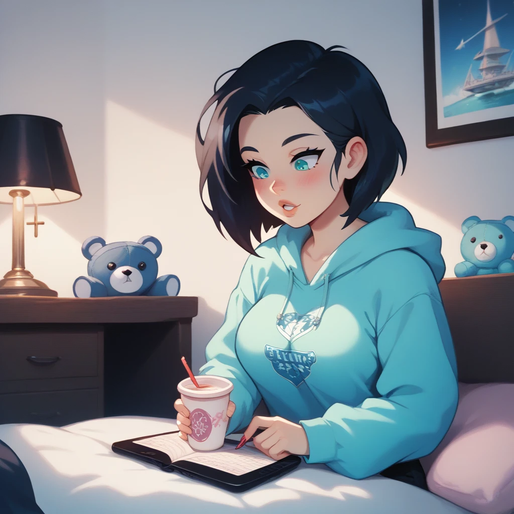 A teenage girl, approximately 18 years old, sitting cross-legged on a neatly made bed with a soft pastel-colored duvet. She is deeply engrossed in her smartphone, holding it with both hands, her expression calm yet intensely focused on the screen. Her shoulder-length, jet-black hair is slightly messy, with a few strands falling over her forehead. She wears a loose, oversized hoodie in a light blue shade and simple black shorts. The room around her is softly lit by a warm desk lamp, creating a cozy ambiance. Small personal touches like a stack of manga, a plushie, and a cup of tea on a nearby nightstand add to the setting. The art style is distinctly anime, with detailed linework, expressive eyes, and a slight blush on her cheeks indicating her immersion in whatever she’s reading or watching on her phone, Very Sexy, Large breasts, clothes with very visible necklines, very short clothes.