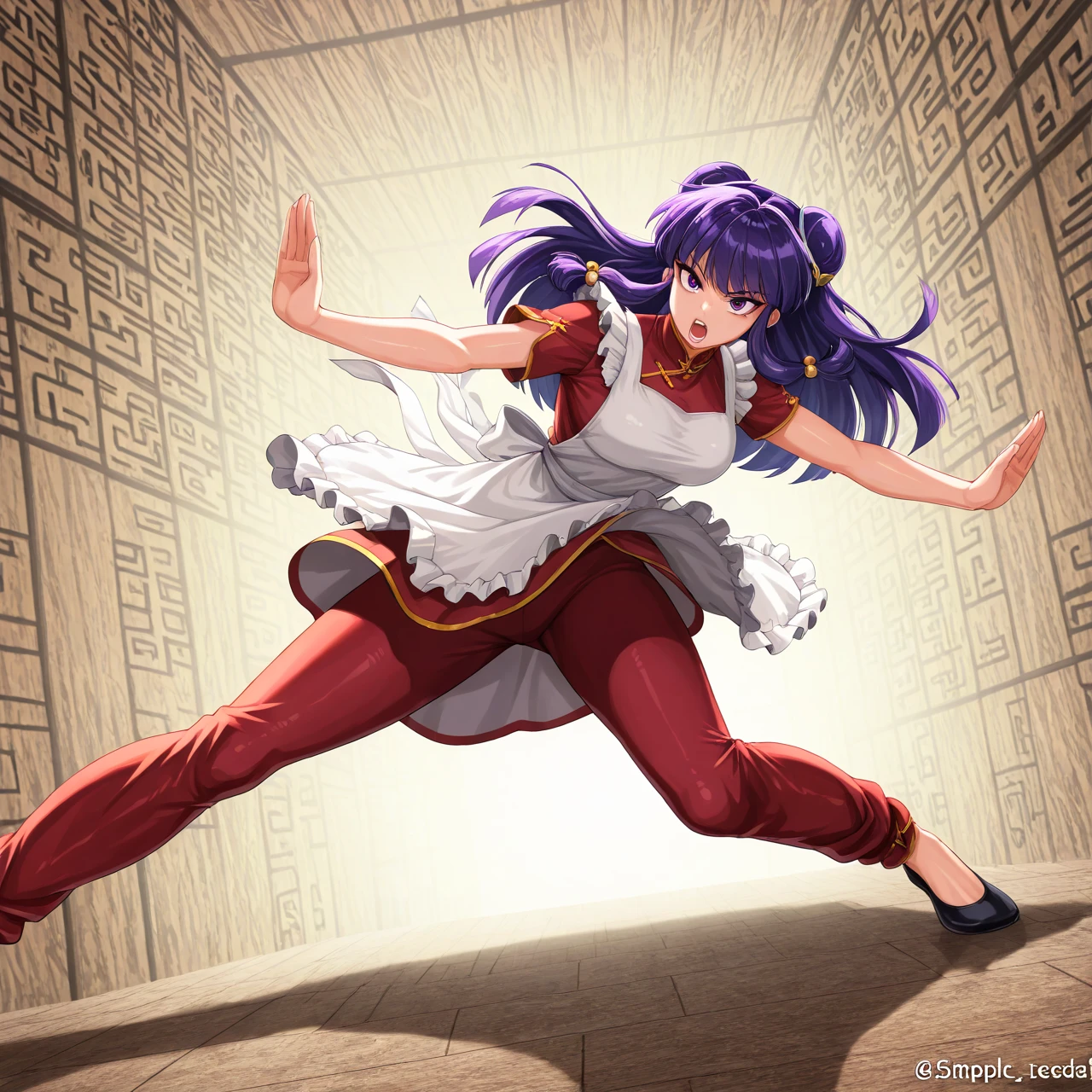 (Alone:1.3),1 girl\(Shampoo,  Anime Character\(ranma1/2\),beautiful, sexy, mad, serious guy,  open your mouth,  long hair,  looking at the spectator , blows, simple bottom, hair ornament, white bottom, dress,  purple eyes,  full body ,  purple hair , sideburns, hair bun, Campaign,  Doble bollo, Chinese clothing, red short dress, ( red pants :1.3), hair Campaign, eyeshadow, ruffled apron,  dynamic pose of kung-fu  \).bottom\( old Chinese restaurant \). BREAK .quality\(8K, of an extremely detailed CG unit ,  High resolution, top-quality, top-quality real texture skin,  hyperrealistic,  to increase the resolution ,  RAW photos , best quality,  highly detailed , The ,  golden ratio ,  high saturation realism ,  vibrant colors,  dramatic lighting,  persuasive storytelling ,  atmospheric scenery ,  captivating images ,  intricate details  , strong emotions , dream world\),(dynamic angle:1.4)