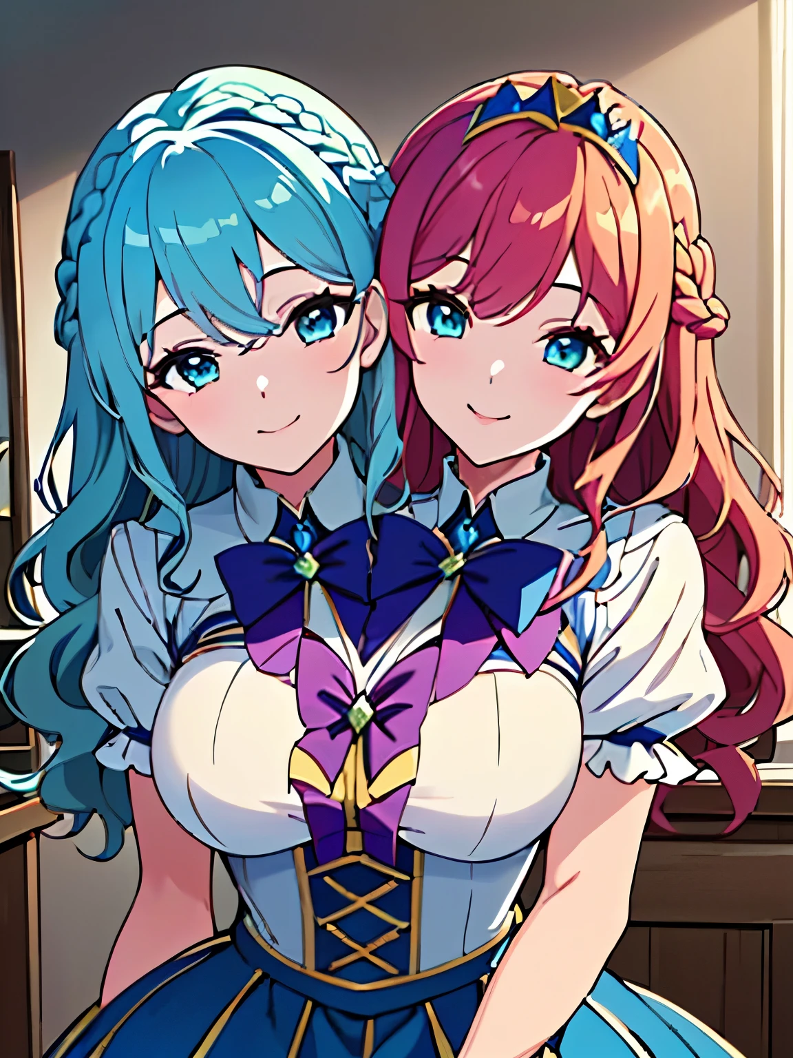 (best quality), (high quality), (detailed), (masterpiece), good artist, 1girl, (2heads:1.5), 1girl, smiling, wavy hair, cerulean blue hair, Aqua eyes, ((magical girl outfit)), crown braid, frilly khaki skirt, a frilly button-down blouse, both heads having identical hair color, ((blue magical girl)), magical girl, gentle smile