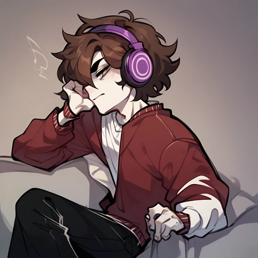 Make an guy, brown hair, white shirt, black pants, dark red jacket, black pupils, white skin, purple headphones