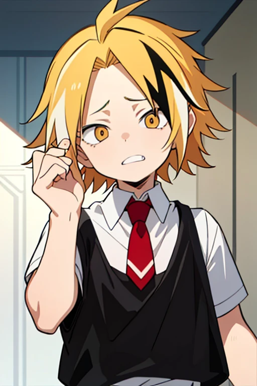  masterpiece,  best quality,  HIGH QUALITY, 1 , Alone,  male approach,  looking at the spectator ,  upper body , Kaminari_thank you, blonde hair,  multicolored _hair,   toddler, Age , nervous and scared