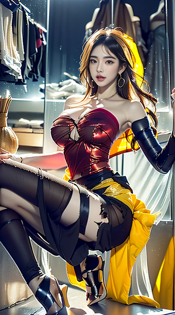 There is a sexy redhead kneeling on the floor looking at the viewer,red lips,blue eyes,one hand on her breast and the other hand between her legs,strong colors,Masterpiece,altamente detalhado,VAMPIRE --auto