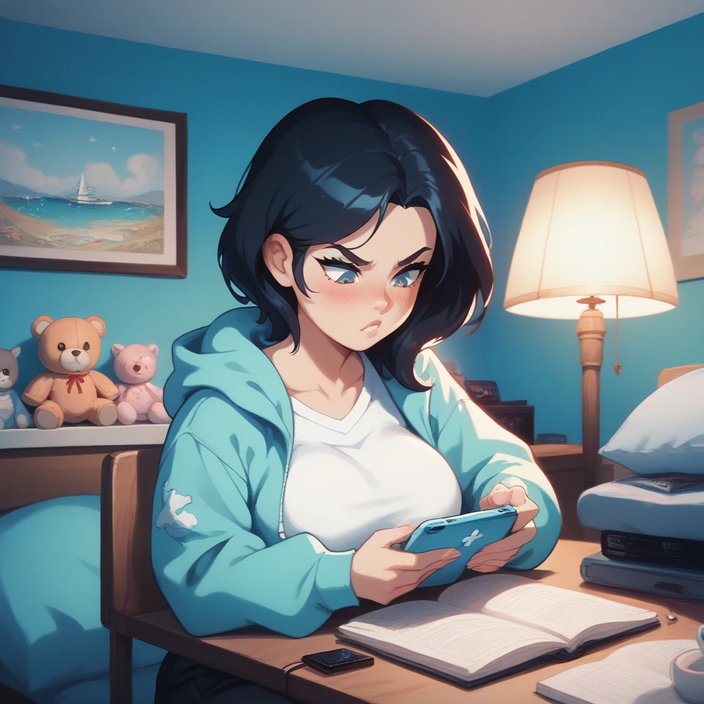 A teenage girl, approximately 18 years old, sitting cross-legged on a neatly made bed with a soft pastel-colored duvet. She is deeply engrossed in her smartphone, holding it with both hands, her expression calm yet intensely focused on the screen. Her shoulder-length, jet-black hair is slightly messy, with a few strands falling over her forehead. She wears a loose, oversized hoodie in a light blue shade and simple black shorts. The room around her is softly lit by a warm desk lamp, creating a cozy ambiance. Small personal touches like a stack of manga, a plushie, and a cup of tea on a nearby nightstand add to the setting. The art style is distinctly anime, with detailed linework, expressive eyes, and a slight blush on her cheeks indicating her immersion in whatever she’s reading or watching on her phone, Very Sexy, Large breasts, clothes with very visible necklines, very short clothes, Very angry.