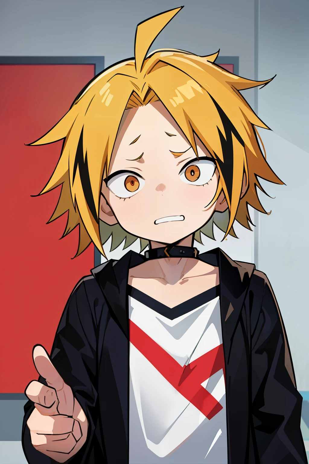  masterpiece,  best quality,  HIGH QUALITY, 1 , Alone,  male approach,  looking at the spectator ,  upper body , Kaminari_thank you, blonde hair,  multicolored _hair,   toddler, Age , nervous and scared