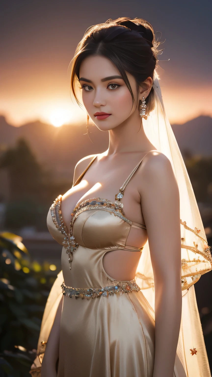 (8k, best quality, masterpiece, looks all detailed), highly detailed, masterpiece, realistic lighting, masterpiece, best quality, masterpiece, official artwork, highly detailed 8k unity CG wallpaper, Indonesian teenage girl of Javanese descent, long black hair tied with white long ponytail patterned ribbon, elegant and beautiful, full of charm, smiling sweetly and happily, wearing glasses, wearing white long spaguetti dress with gold embroidery, large breasts, wearing white high heel shoes, slender and tall body, standing in a forward-facing style, on the stage.