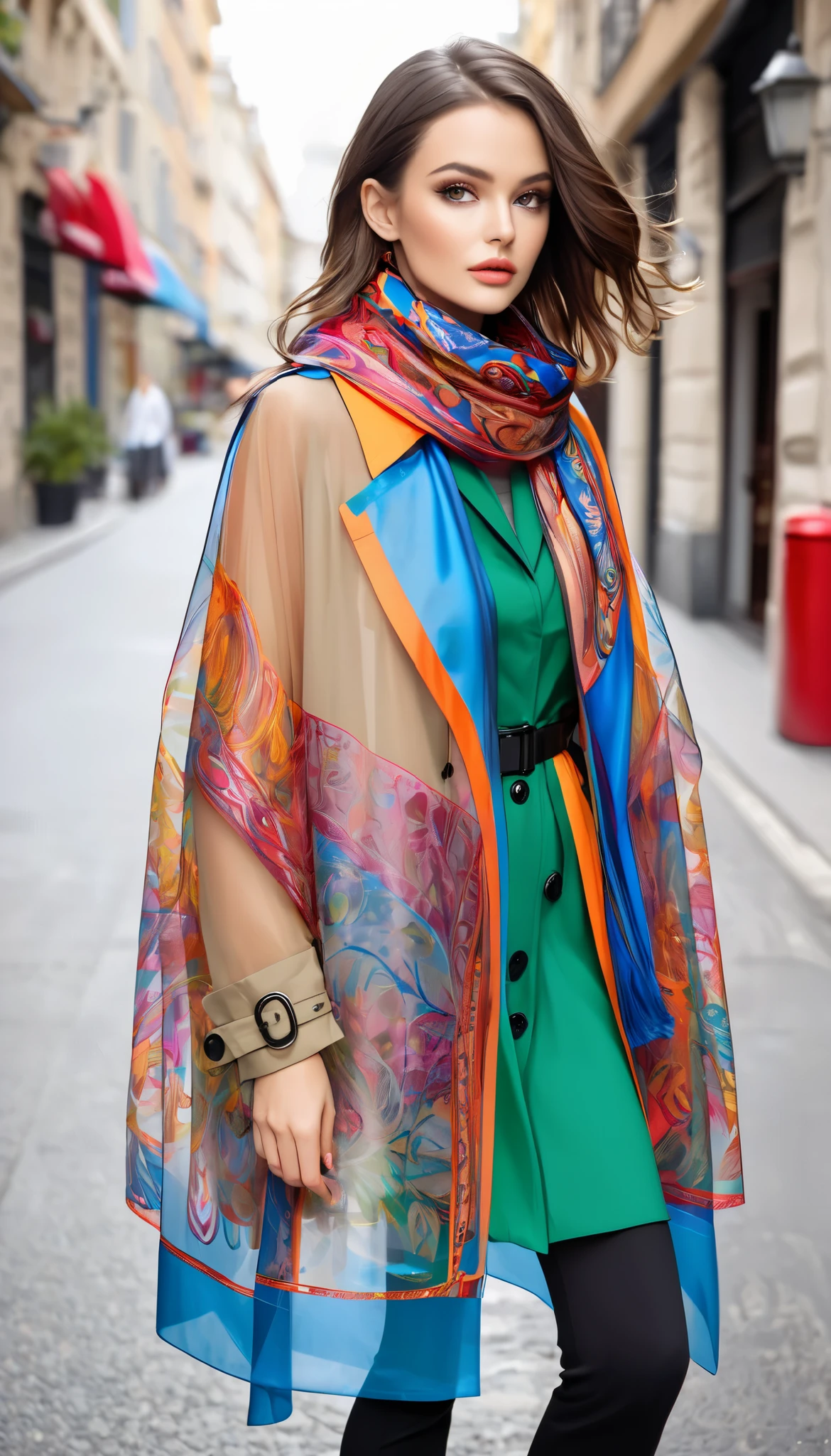 Arafed woman in a colorful scarf and coat on a city street - SeaArt AI