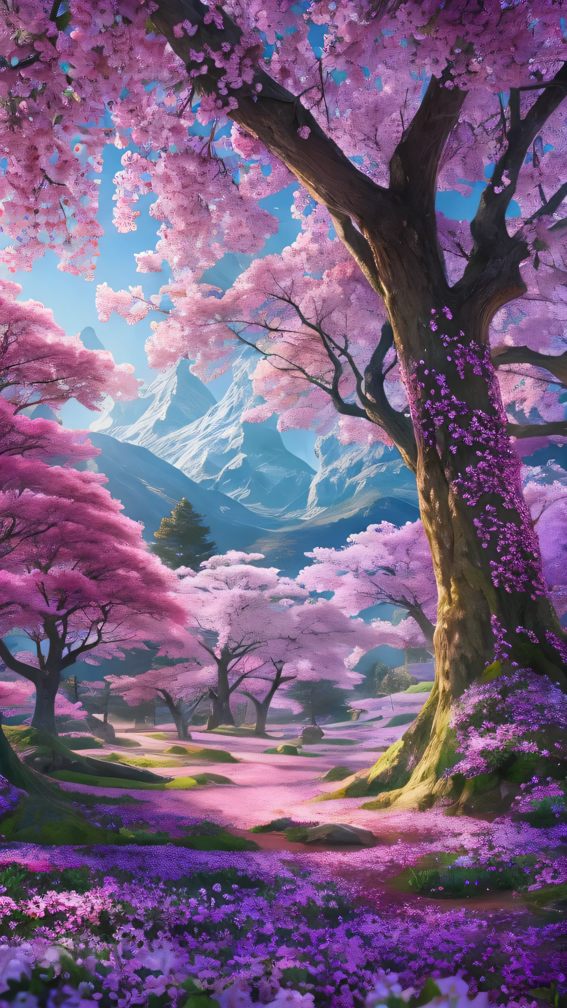  in high-definition images， Giant Tree々 and mysterious forests where magical beings are hidden in branches, 8k,Beautiful flowers々Forests with high quality giant trees blooming in full bloom 、 forest where fairies are believed to live 、Snowy mountains in the background 。