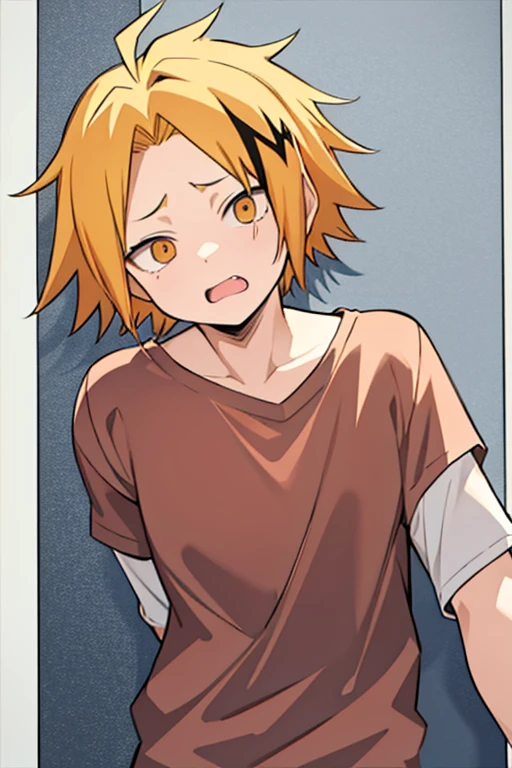  masterpiece,  best quality,  HIGH QUALITY, 1 , Alone,  male approach,  looking at the spectator ,  upper body , Kaminari_thank you, blonde hair,  multicolored _hair,   toddler, Age , nervous and scared