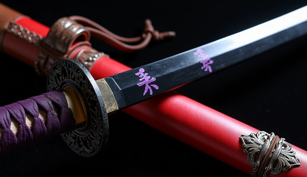 Realistic, theme is "a Japanese sword made of obsidian and a sheath with intricate craftsmanship", an old Japanese sword from the 1700s suitable for practical use, with a black-purple handle, a disc-shaped tsuba with intricate decoration, the length of the obsidian blade is 90cm, the black blade has a blade pattern and six purple kanji characters designed on it, the sheath is painted red and made of expensive matte material, sophisticated design, advanced lighting technology, real-life photo 8K quality