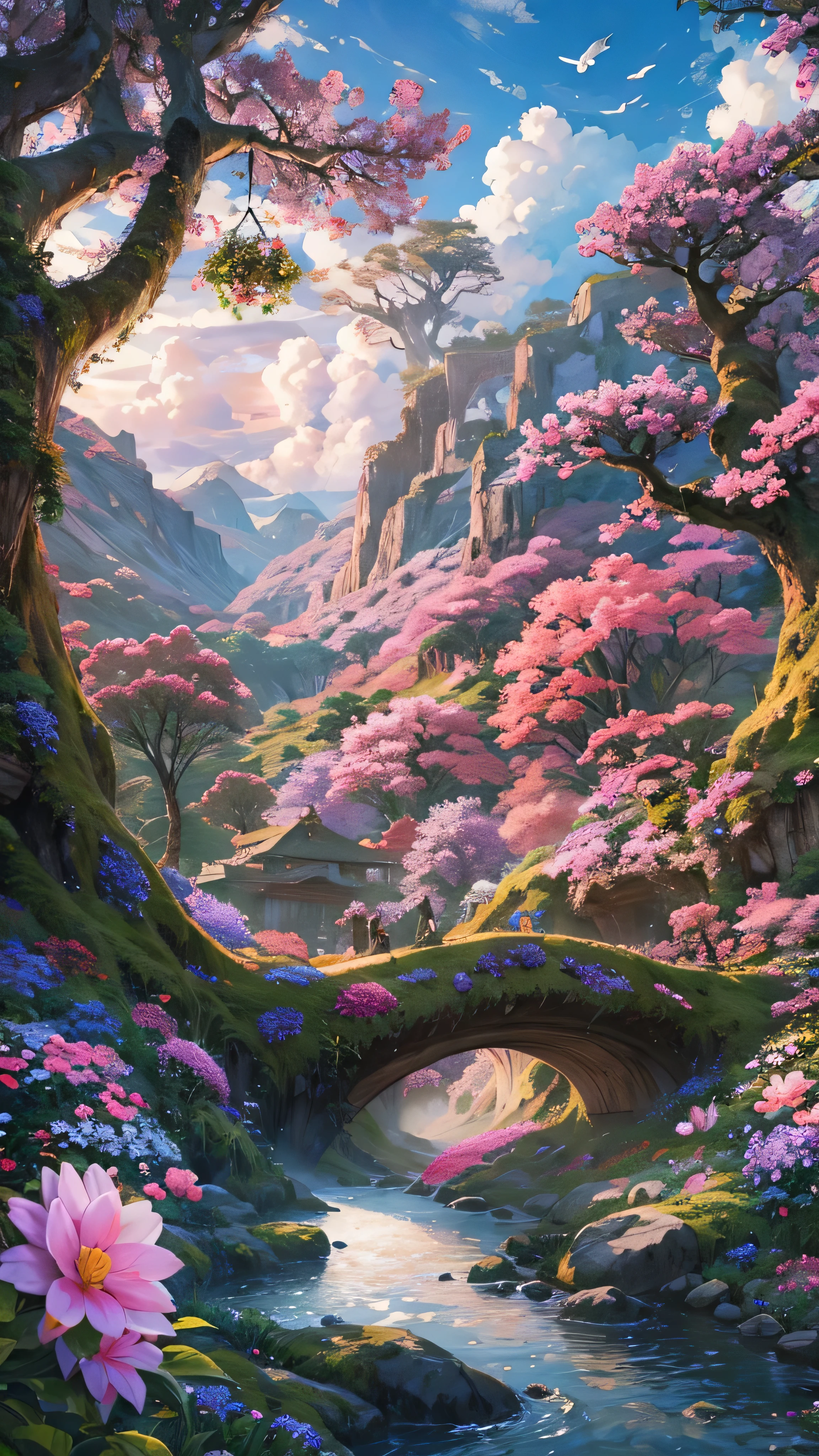  in high-definition images， Giant Tree々 and mysterious forests where magical beings are hidden in branches, 8k,Beautiful flowers々Forests with high quality giant trees blooming in full bloom 、 forest where fairies are believed to live 、Snowy mountains in the background 。