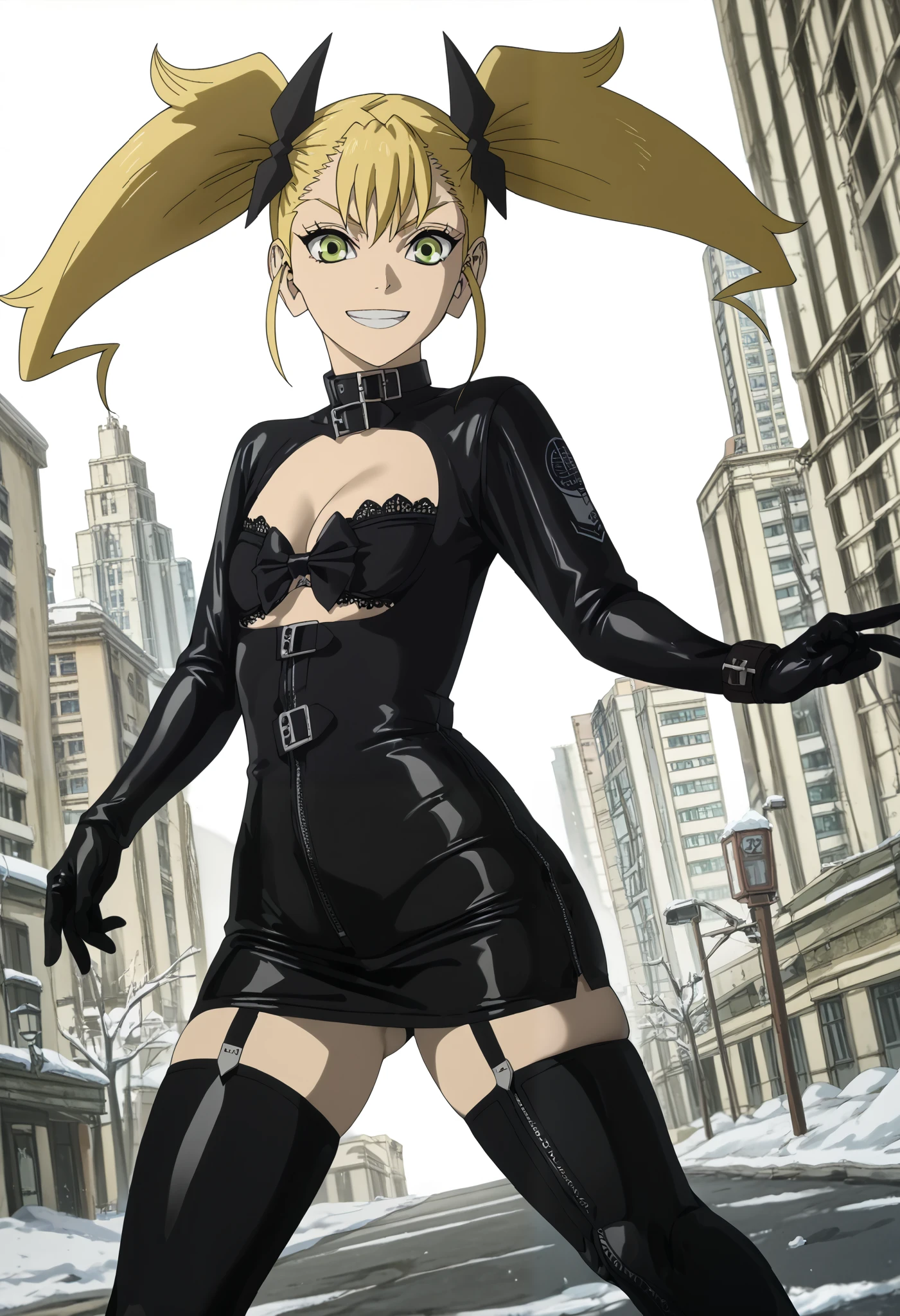 BDSM、Queen、mistress、(((One girl)))、(((solo:1.8)))、(((Black latex elbow gloves:1.4)))、((( black latex corset dress :1.4)))、((( THE CORSET DRESS IS DECORATED WITH BEAUTIFUL LACE)))、((( CORSET DRESS WITH SHOULDER STRAPS )))、((( BLACK LATEX TIGHT MINI SKIRT :1.4)))、((( Black Thigh-High Boots:1.4)))、(((Black rubber tights:1.2)))、((( stiletto heel boots:1.4)))、((( black latex high leg panties)))、(((Black latex bra)))、(((Black leather collar)))、((( sexy pose taken from the butt:1.4 )))、 wide thigh opening with one leg:1.2、((( erotic)))、((( cowboy shot)))、クローズ up、 place your hands on your hips、 beautiful eyes with highlights、Beautiful, smooth skin、Two perfect anatomical arms、 Anatomically Perfect 2 Legs 、(Four perfect fingers and one thumb)、score_9, score_8_ up, score_7_ up,  Source_Anime, Kikoru Shinomiya,  long hair, Blonde, ribbon,  twin tails,  green eyes, Hair between the eyebrows,,  bodysuit , black  bodysuit , Cityscape,  bend your back, smile,  viewers because it's Shiragane in the middle of winter, Alone,,  cowboy shot,  Dutch angle、 staring at viewers 、smirk:1.4