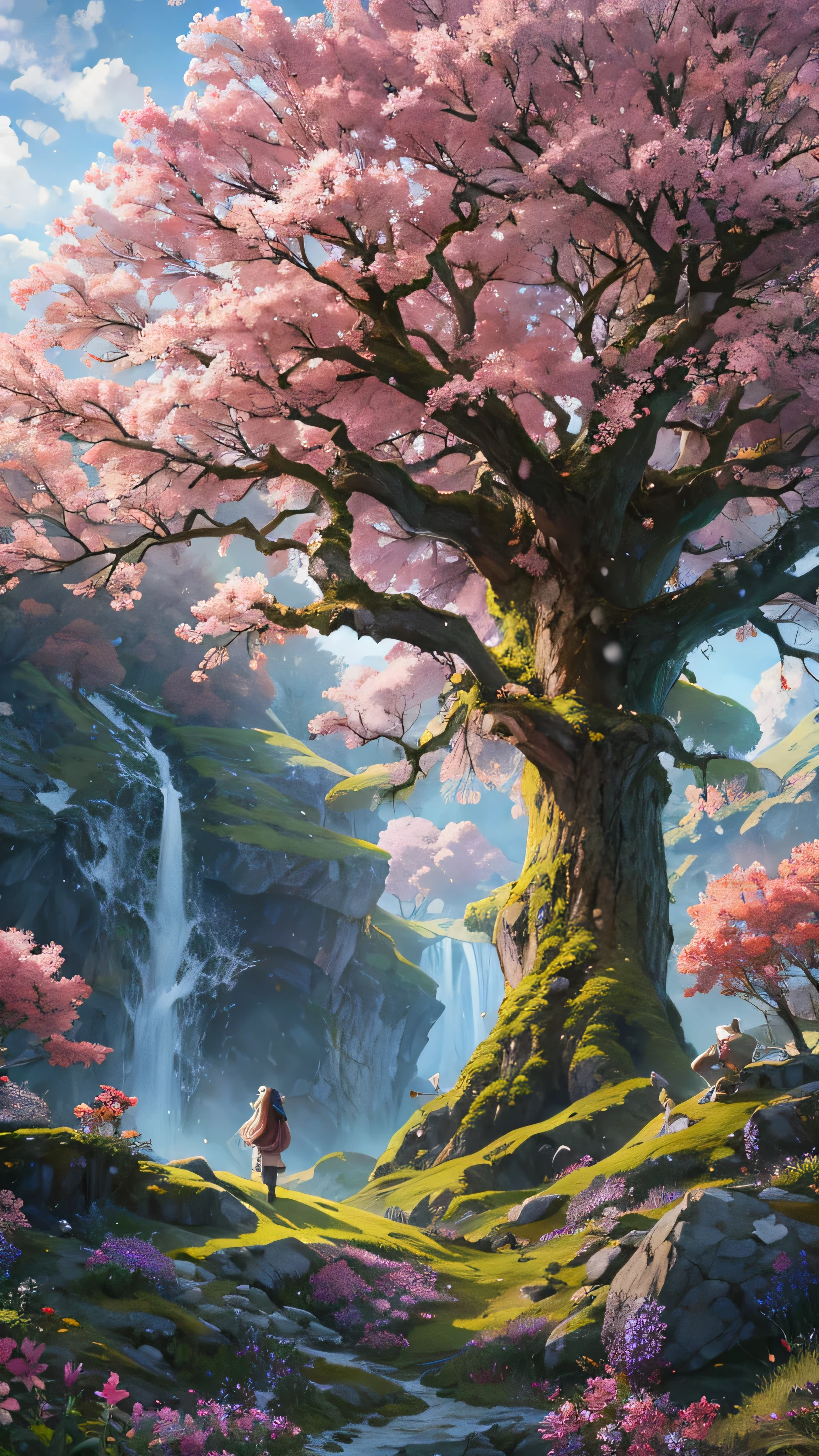  in high-definition images， Giant Tree々 and mysterious forests where magical beings are hidden in branches, 8k,Beautiful flowers々Forests with high quality giant trees blooming in full bloom 、 forest where fairies are believed to live 、Snowy mountains in the background 。