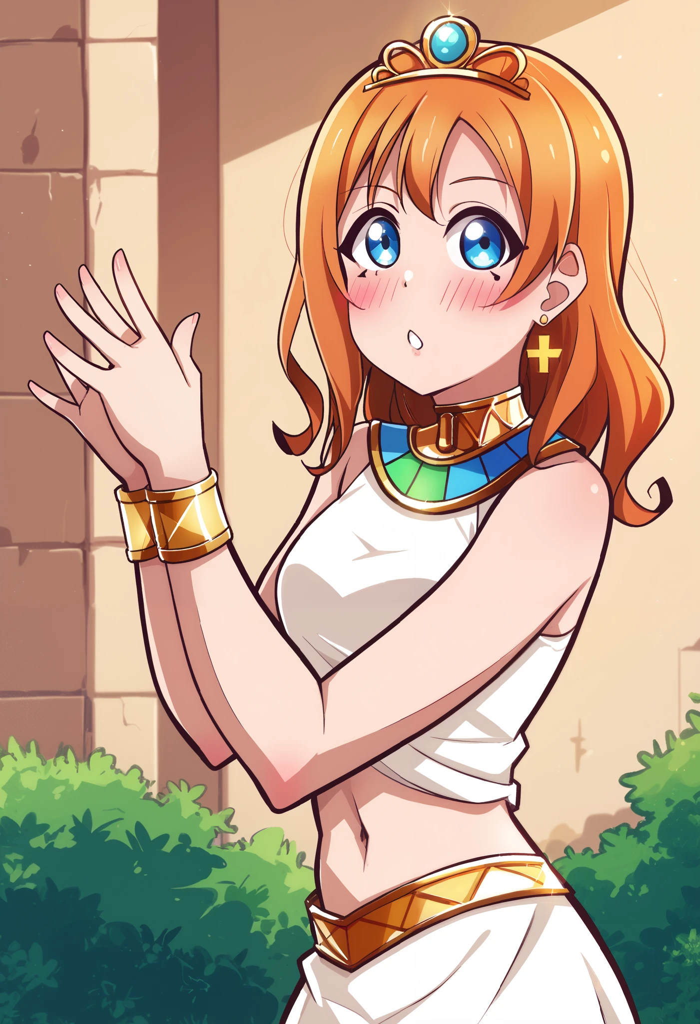 (Masterpiece, Best Quality, High Quality), anime style, love live,kousaka honoka , kousaka honoka,id_honoka_kosaka,love live, blue eyes, orange hair, 8k wallpaper, looking at viewer, earrings, outdoors, erotic figure, (blushing:1.2) , Egypt, white dress, midriff,neck ring,tiara, dbp, Pharaohs pose, profile picture, from side