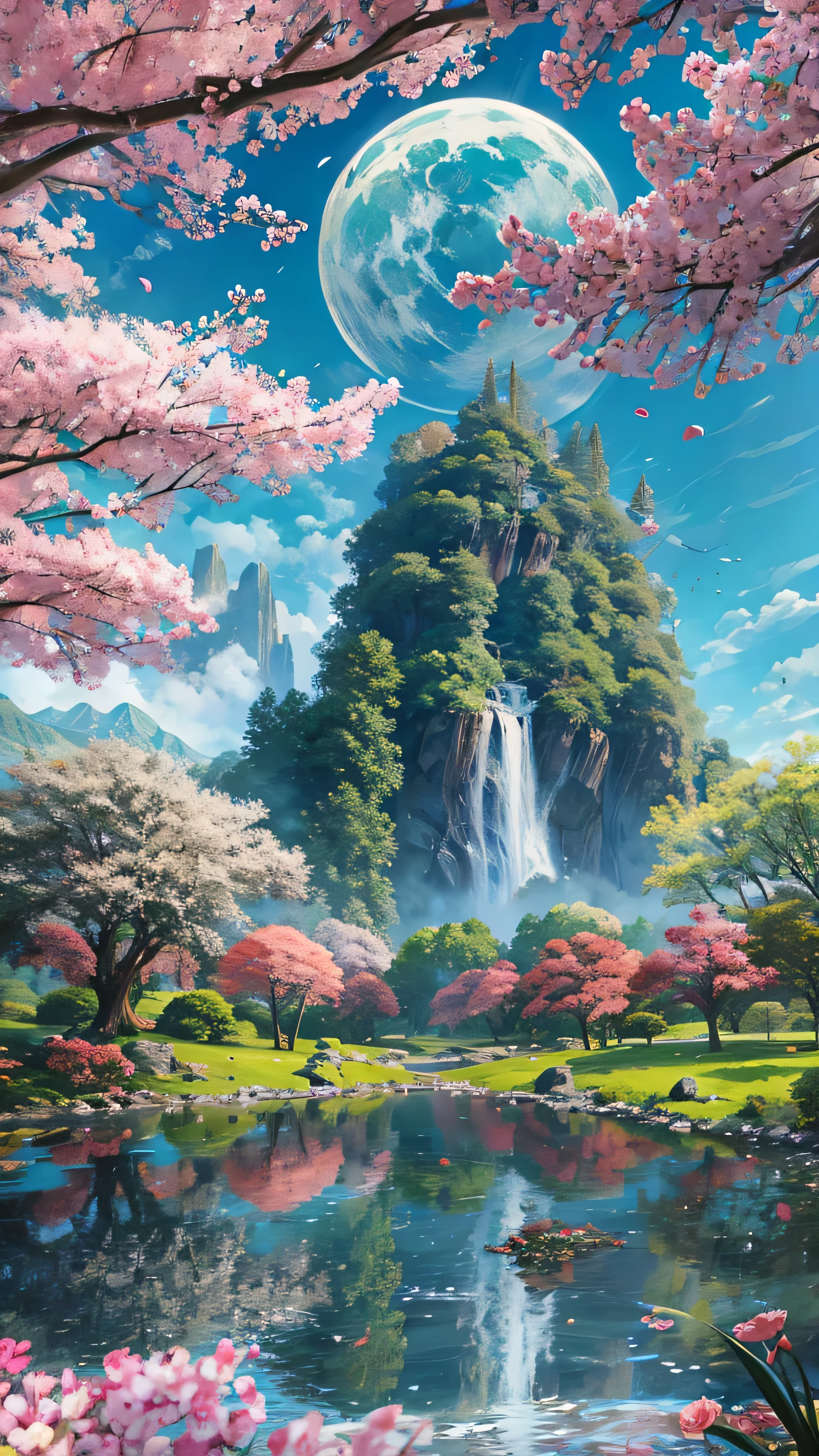  in high-definition images， Giant Tree々 and mysterious forests where magical beings are hidden in branches, 8k,Beautiful flowers々Forests with high quality giant trees blooming in full bloom 、 forest where fairies are believed to live 、Snowy mountains in the background 。