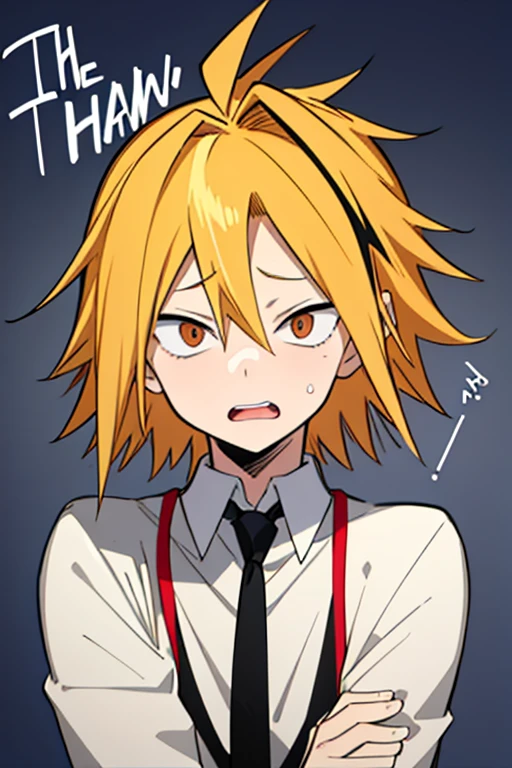  masterpiece,  best quality,  HIGH QUALITY, 1 , Alone,  male approach,  looking at the spectator ,  upper body , Kaminari_thank you, blonde hair,  multicolored _hair,   toddler, Age , nervous and scared