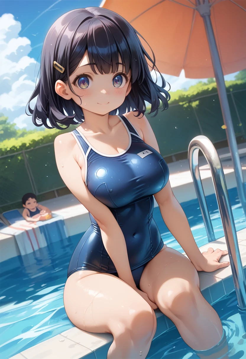 master piece,detailed,(((best quality))),megami magazine ,((big breasts)),girl,(((loli))),(((cute))),(((petite))),school swimsuit,blackhair,medium hair,pool