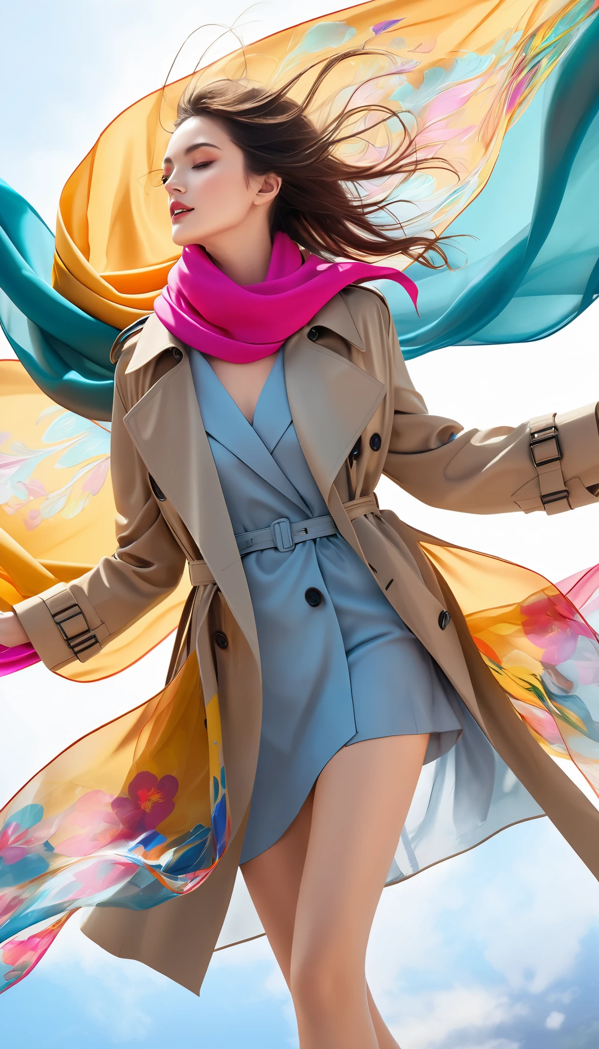 girl, art by Reuben Nakian, Distorted Wife, Spice merchant, Modular Cape, Liquid Tartan Scarf, dense beach, Hurricane, split diopter, Iridescent splash, contest winner, beautiful,dynamicpose