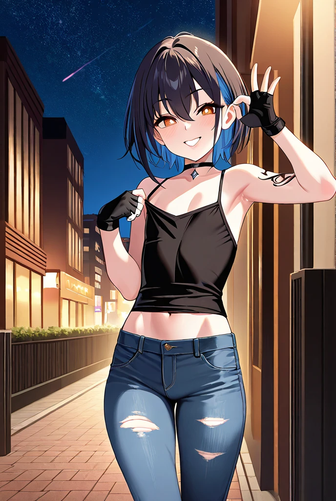 1boy,solo,otoko_no_ko,yaoi,adult,brown_skin,skinny,curvy,round face,black hair,blue hair,two-tone hair,short hair,makeup,lipgloss,orange eyes,bright_pupils,bare shoulders,armpits,chest,slender_waist,camisole,tight,hot_pants,torn_jeans,single_pantsleg,combat_boots,black_choker,sleeveless,arm_tattoo,fingerless_gloves,grin,standing,flashing,ok_sign,thick_thighs,shou,incredibly absurdres,game cg,night,starry_sky,Bustling city,street,masterpiece, highest quality, highest image quality, highest resolution, very detailed, attention to detail, 16K,