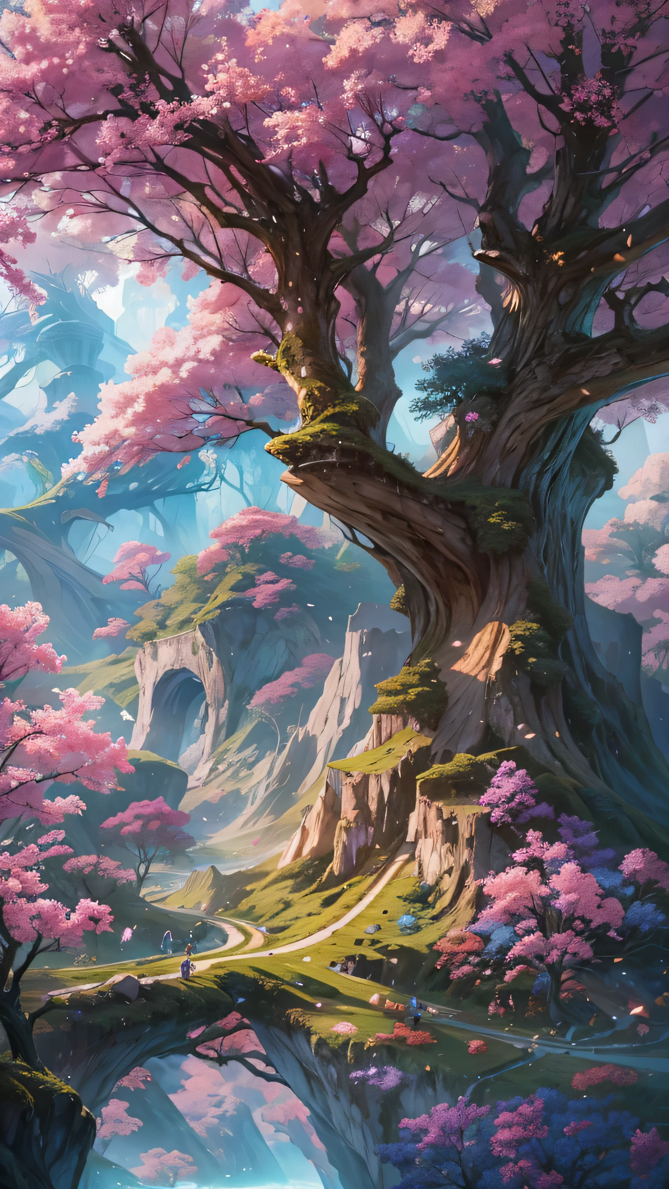  in high-definition images， Giant Tree々 and a mysterious forest where magical beings hide in branches, 8k,Beautiful flowers々Forests with high quality giant trees blooming in full bloom 、 forest where fairies are believed to live 、Snowy mountains in the background 。