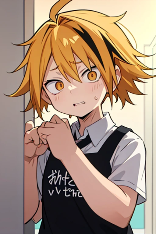  masterpiece,  best quality,  HIGH QUALITY, 1 , Alone,  male approach,  looking at the spectator ,  upper body , Kaminari_thank you, blonde hair,  multicolored _hair,   toddler, Age , nervous and scared