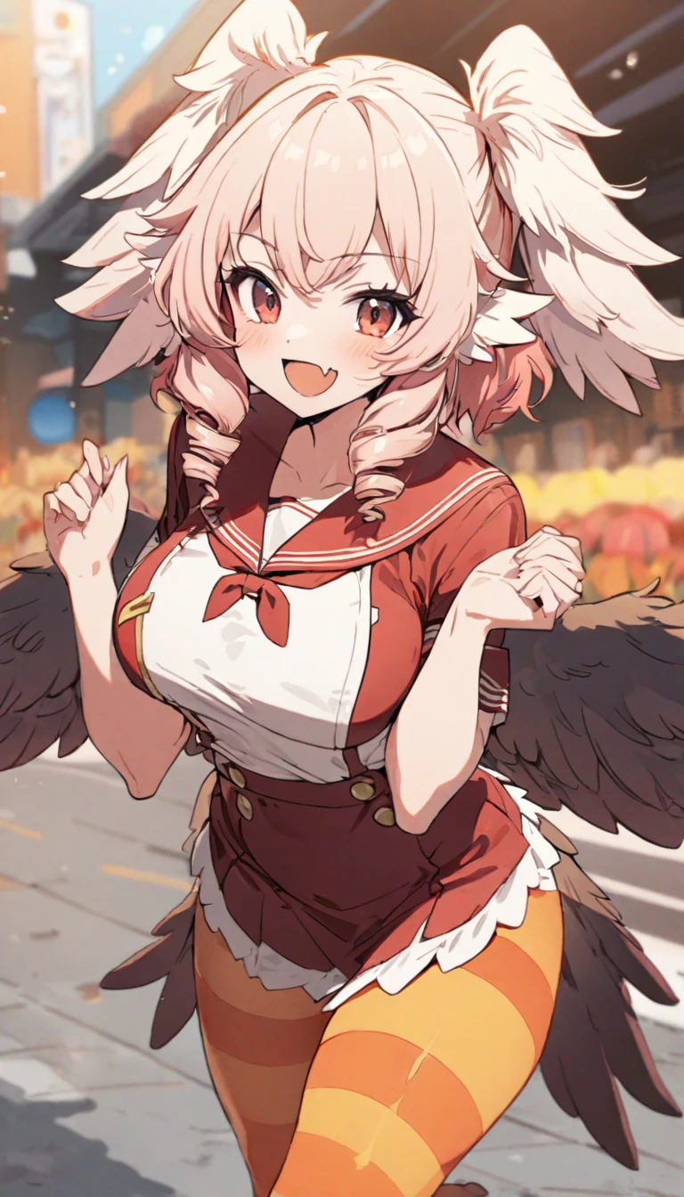 1girl,harpy girl, light red hair, drill hair, pigtail hair,feather ears, harpy mini wings, harpy fang, big female-melons, smiling, white with red sailor uniform, orange ((striped tights)), 
masterpiece,best quality,ultra detailed, very aesthetic, hyper cute line style illustration, 