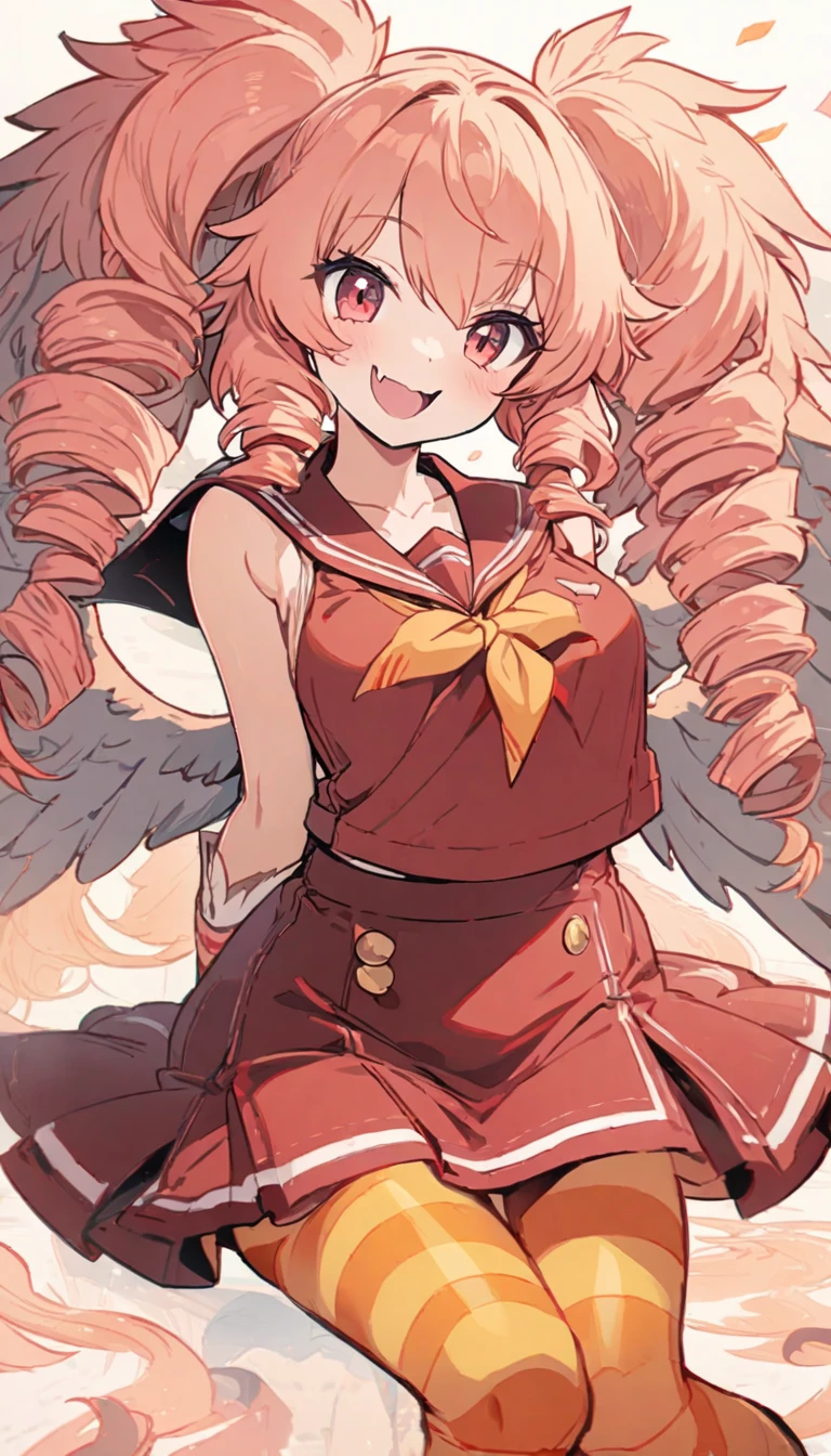 1girl,harpy girl, light red hair, drill hair, pigtail hair,feather ears, harpy mini wings, harpy fang, big female-melons, smiling, white with red sailor uniform, orange ((striped tights)), 
masterpiece,best quality,ultra detailed, very aesthetic, hyper cute line style illustration, 