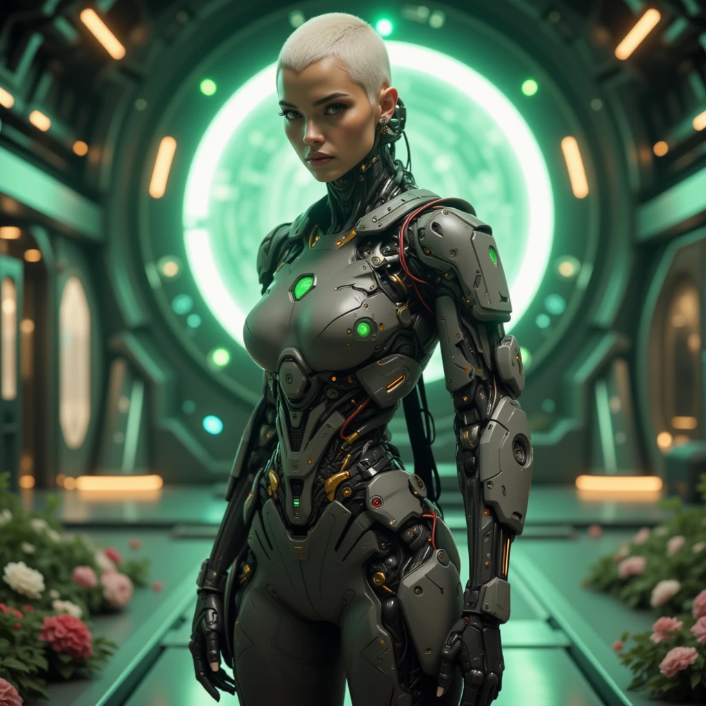 cyborg, exosuit, mech, futuristic, Off-center composition, half-body shot, interior futuristic space ship, baroque energy gate, a young woman, innovative and practical, with renewable energy engineer's attire, determined eyes, and a green outlook., high-definition, detailed, striking, captivating:1.3) , Adventure pose, Bald hair styled as Buzz cut, flowers, art by Rachel Maclean, (Carrie Mae Weems:0.7) , sharp, focussed, a futuristic spaceship in an interior setting. The ship is adorned with a large energy gate in the background. the woman is featured prominently in the center of the frame, dressed in renewable energy engineer attire and exhibiting determined eyes, cinematic film still cinematic film still detailed art by Robin ne, anime art by Leanne Surfleet, vibrant, ethereal, dreamy, feminine, Realistic landscapes, detailed, atmospheric . shallow depth of field, vignette, highly detailed, high budget, bokeh, cinemascope, moody, epic, gorgeous, film grain, grainy . shallow depth of field, vignette, highly detailed, high budget, bokeh, cinemascope, moody, epic, gorgeous, film grain, grainy