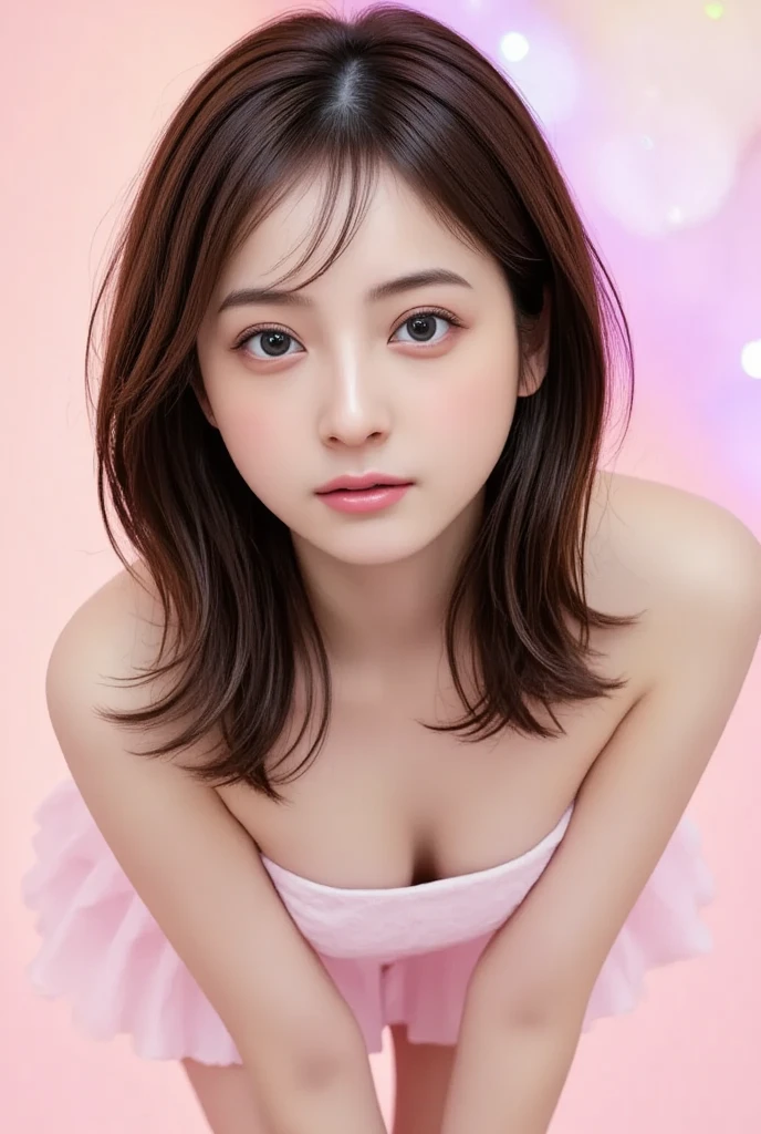 (masterpiece:1.2, top quality ), blur the background ,One young woman,((sexy costume,check pleats mini skirt:1.3),(from below ,seduce,frirt:1.4),(short height:1.4),, black wavy hair,(Beautiful and pretty eyes),smile, healthy skin, leaning front,( cute background:1.3 ),8k resolution、,(perfectly focused:1.3),,(,colorful,:1),,(depth of field),,bokeh,Enhance colors to maximum saturation,Luminous and colorful lighting setup for model photography,lens flare,,cinematic lighting,  Ray tracing、