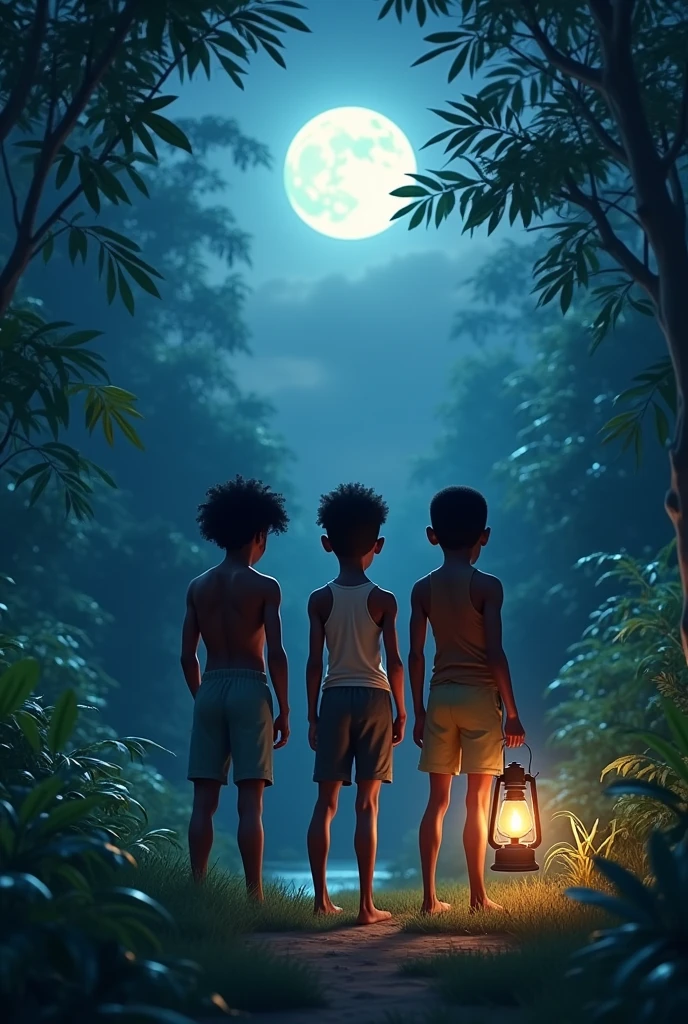 magical scene, with the three African boys, Tunde, Malik e Kwame, Standing under a starry sky, segurando lanternas e sorrindo. Ao fundo, a magical forest full of friendly creatures and the village shining with a welcoming light, simbolizando aventura, amizade e descoberta.