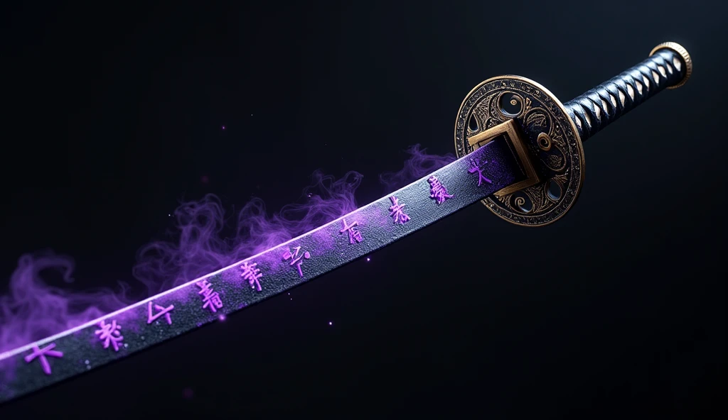 Realistic, theme is "a Japanese sword made of obsidian and a sheath with intricate craftsmanship", an old Japanese sword from the 1700s suited for practical combat, with a black-purple handle, a disc-shaped tsuba with intricate decoration, and an obsidian blade 90cm long, the black blade has a blade pattern and is designed with purple kanji characters for a spell to gain supernatural powers, the sheath is made of expensive material made from tanned animal skin, sophisticated design, advanced lighting technology, and 8K quality live-action photos